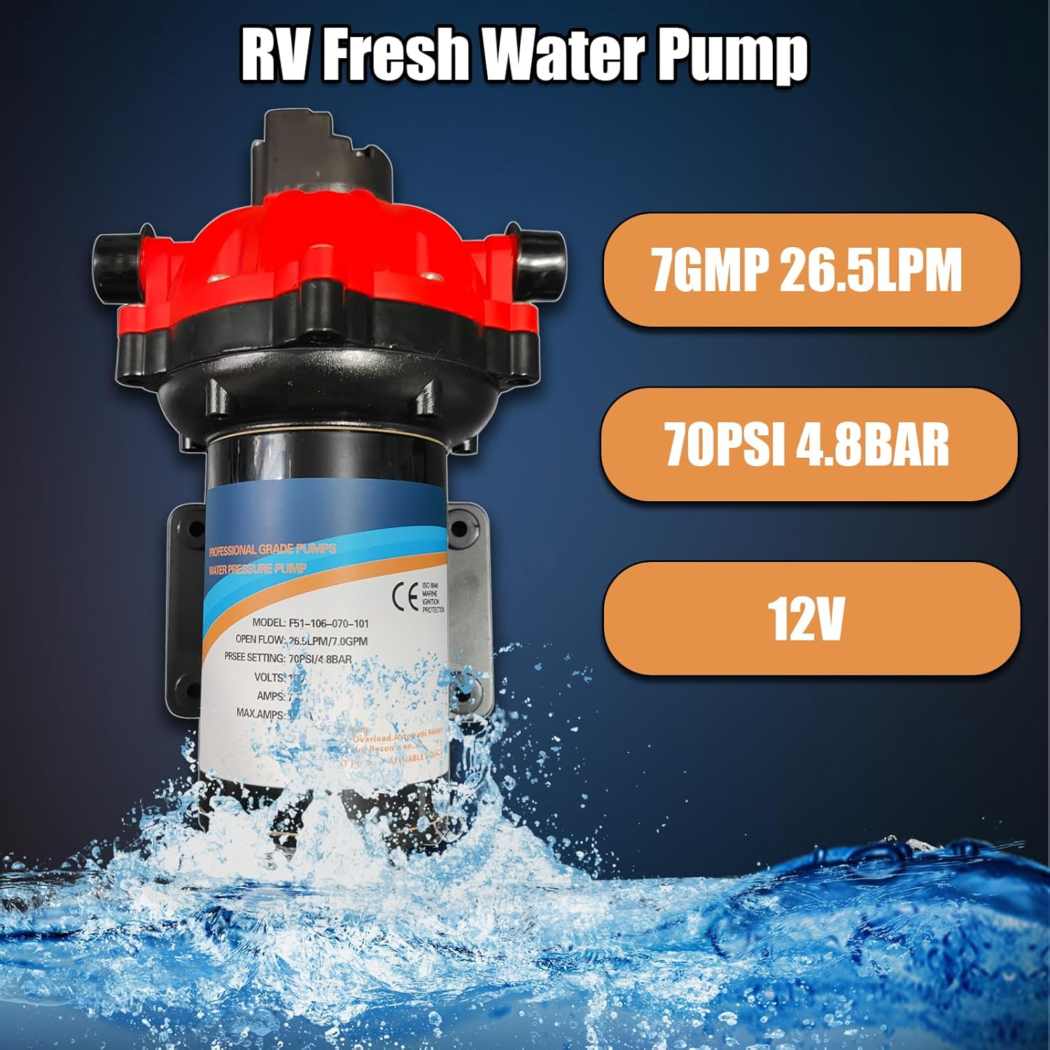 RV Fresh Water Pump 7GPM 70PSI, 12V DC Water Pump, Five Chamber Self-Priming Diaphragm Water Pump with Heavy Duty Pressure Switch and Strainer Replacement for RV, Marine, Yacht, Caravan AKWH