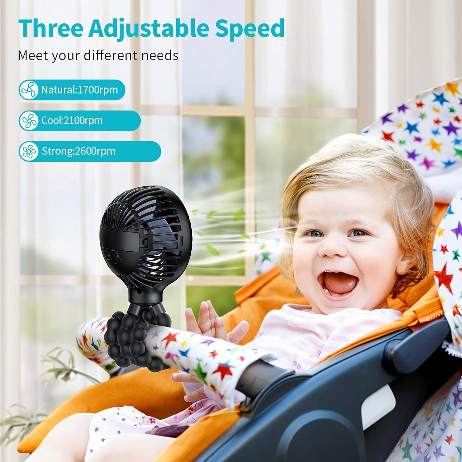 Stroller Fan, 3 Speed Portable Clip on Pram Fan for Baby, Personal Desk Fan with Flexible Tripod, Mini Handheld Fan for Car Seat, Treadmill, Camping image number 4