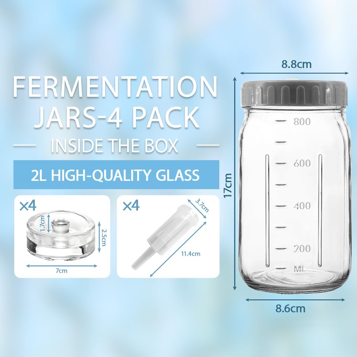 Blissify 4 Pack 1L Fermentation Jar with 4 Airtight Lids 4 Airlock 4 Fermentation Weights, Wide Mouth Glass Mason Jar with Scale Mark, Fermentation Kit for Beginners