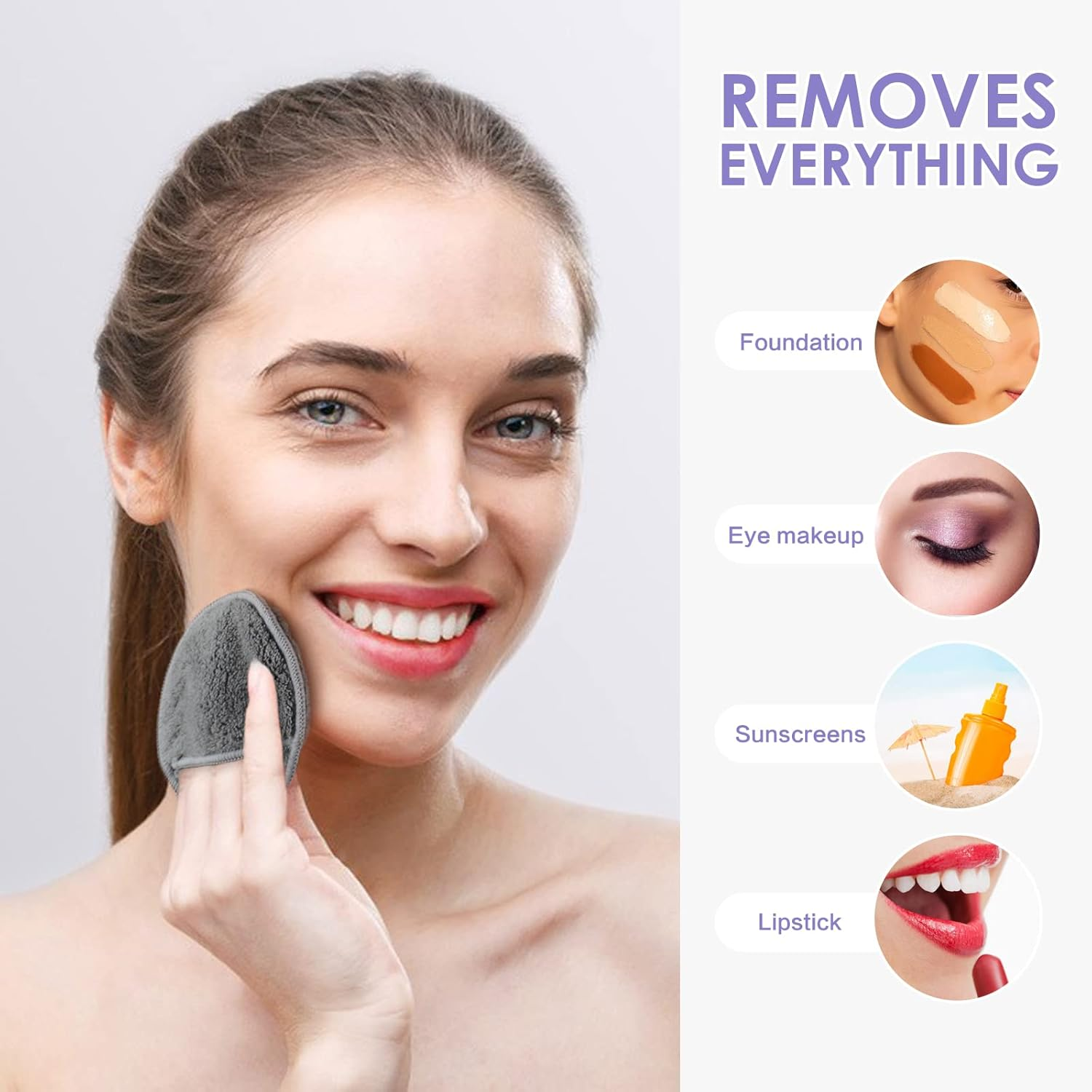 Sunland 16 Pack Reusable Makeup Remover Pads Microfiber Facial Cleansing Pads Washable Face Wipe Rounds with Laundry Bag Grey image number 3