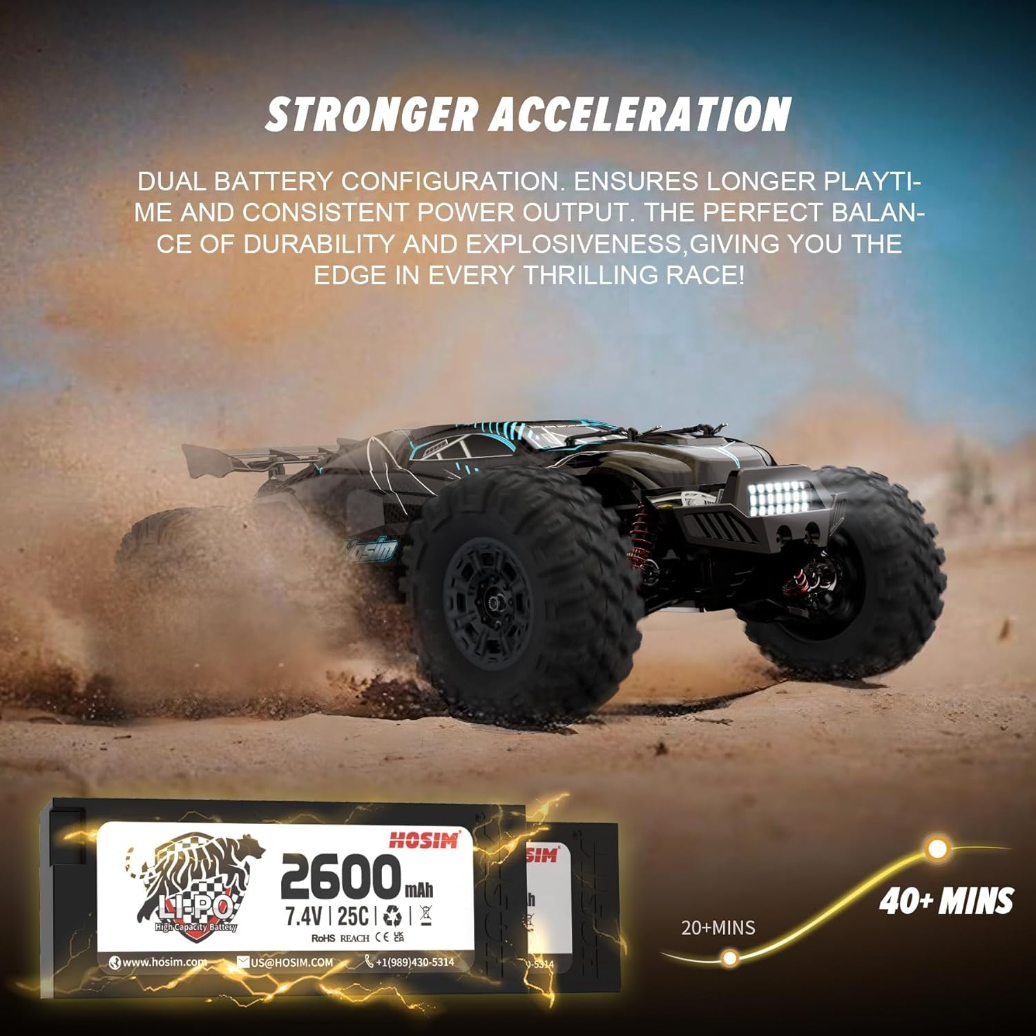 Hosim 1:10 Brushless RC Car for Adults 68+Km/H, 2 Pack 2600 Mah Batteries Fast Remote Control Car, 4WD All Terrain Rc Truck off Road Waterproof Hobby Grade Large Racing Buggy Toy Gift Monster Trucks image number 2