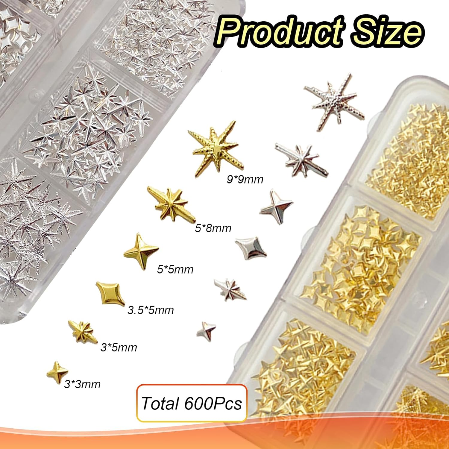 4 Boxes 24 Grids Star Nail Charms, Premium 3D Gold & Silvery Star Charms for Nails Art, Metallic Studs & Rhinestones Nail Jewelry Decorations, Manicure Kit Supplies for Women & Girls image number 5