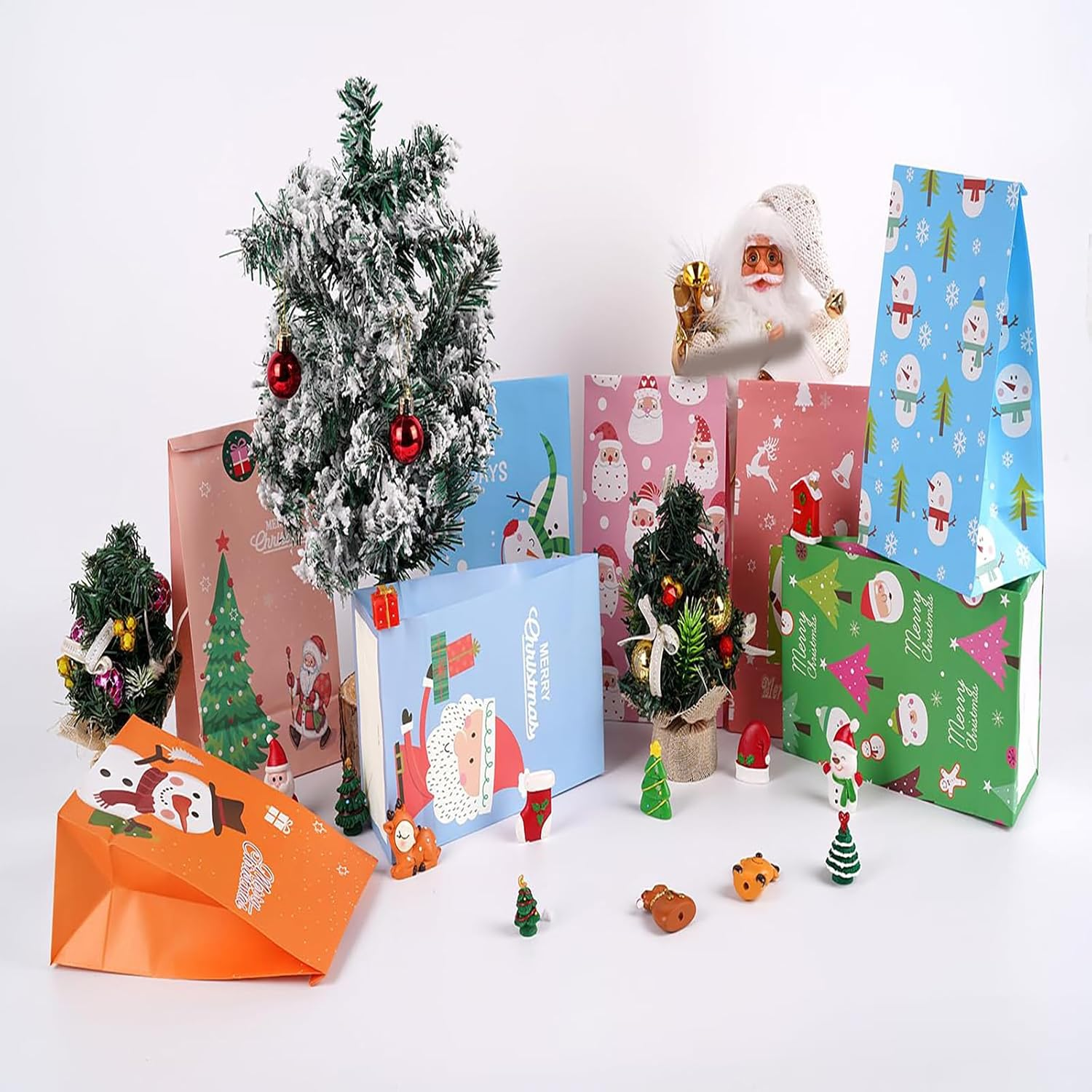 24 Pack Christmas Paper Gift Bags with 30 round Seal Stickers, Paper Party Bags, 9 Inch Christmas Snack Bag for Christmas Party Supplies,Holiday Gifts. image number 1