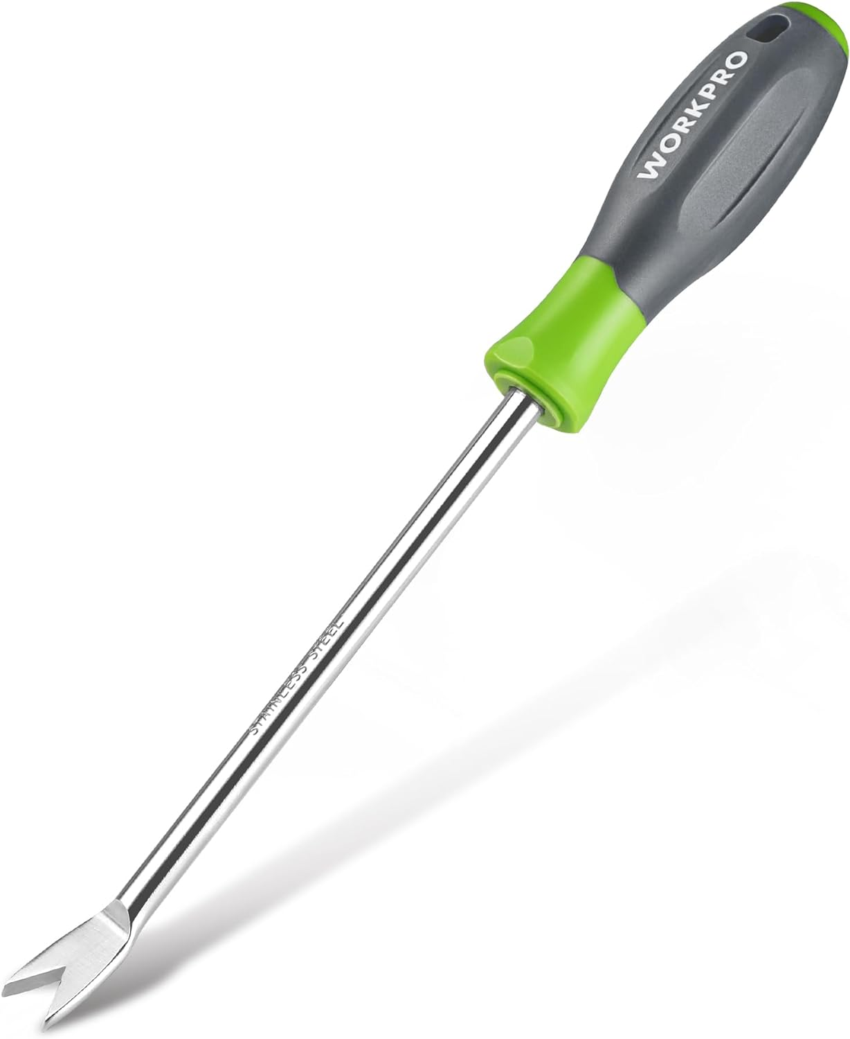 WORKPRO 11.5" Dandelion Weeder Puller Tool with Soft Handle, Polished Stainless Steel Garden Weed Remover Tool, Two-Pronged Fork Weeder Tool for Lawn Farmland Transplant Gardening Plant Tool image number 3