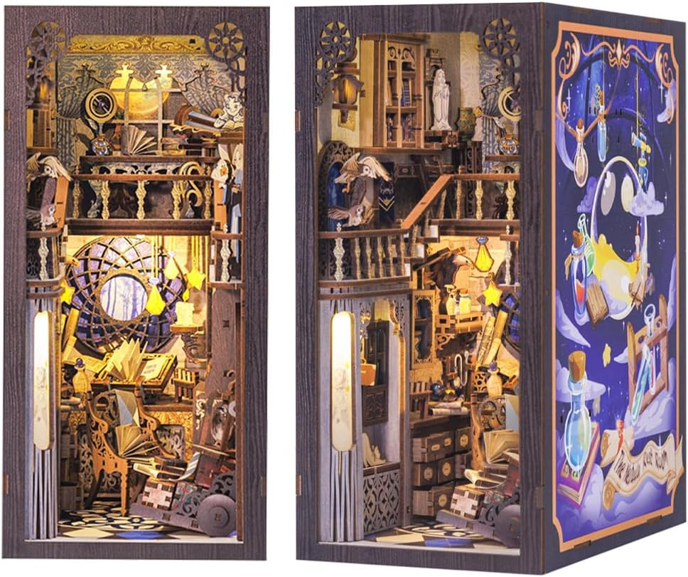 CUTEBEE DIY Book Nook Kit, 3D Wooden Puzzle Bookends DIY Dollhouse Miniature House Kit Bookshelf Decor Booknook Model Kit Book Nook Kits for Adults (Nebula Common Room) image number 5