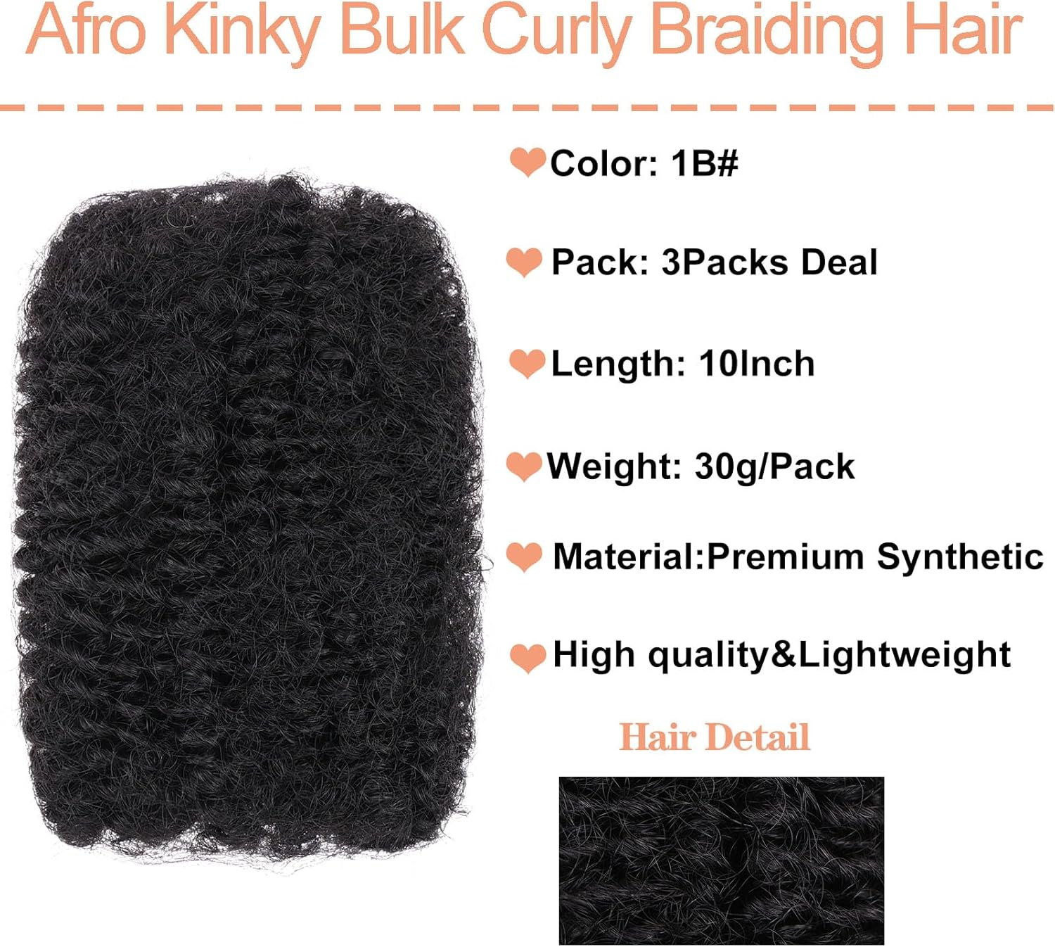 Mscat 10 Inch 3 Bundles Afro Kinky Curly Braiding Bulk Women Hair for Spring Twist Hair Natural Black Afro Kinkys Bulk Hair Synthetic for Dreadlocks Extensions Repair Locs Springy Twists 30 G/Pack (1B