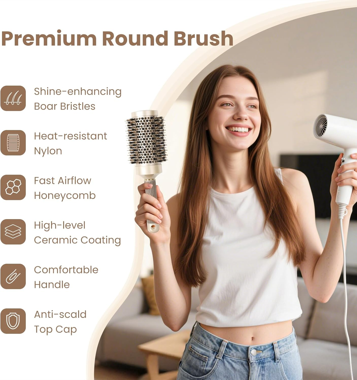 AIMIKE round Brush, Nano Thermal Ceramic & Ionic Tech Hair Brush, round Barrel Brush with Boar Bristles, Enhance Texture for Hair Drying, Styling, Curling and Shine (Barrel 2.1 Inch) + 4 Free Clips By image number 4
