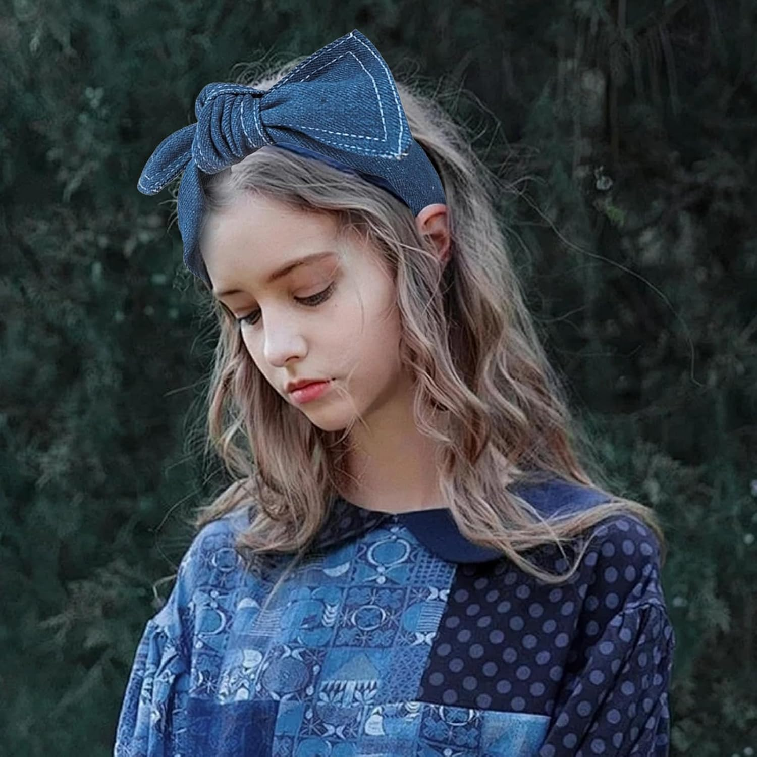 Blue Retro Denim Headband Non-Slip Stretchy Bow Knot Hair Band Wide Top Knotted Headwear Hair Accessory image number 1
