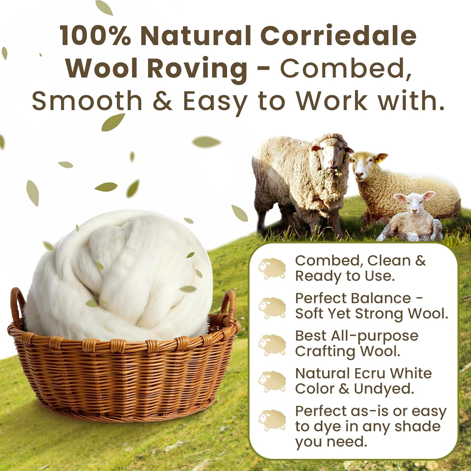 100% Natural White Wool Roving Top, 8 OZ Corriedale, from USA Mill, Best Core Wool for Needle Felting, Wet Felting, Spinning, Dryer Balls, Stuffing, Big Yarn Roving, 29.5 Micron, Un-Dyed image number 2