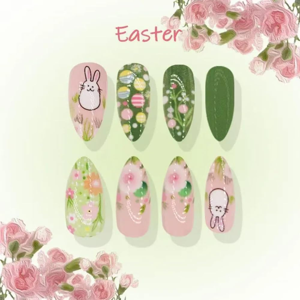 Ztcily False Nails Almond Medium Pink and Green False Nails French Manicure Rabbit Flower and Colorful Eggs Fake Nails for Easter image number 1