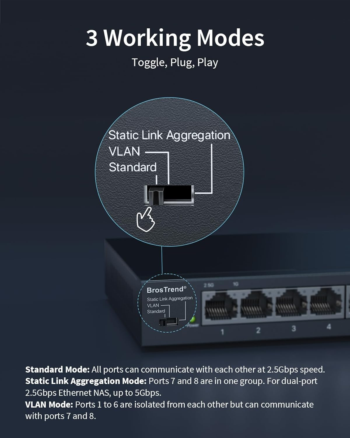Brostrend 8-Port 2.5Gb Ethernet Switch, Unmanaged Multi-Gigabit Network Switch Supports Static Link Aggregation & VLAN for Gaming, NAS, PC, Network Splitter Plug & Play, Fanless, Lifetime Protection image number 5