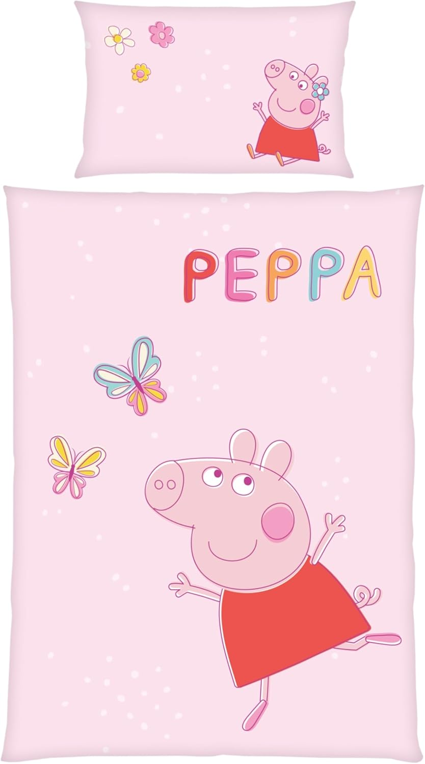 Peppa Pig Children'S Bedding Set, 100 X 135 Cm Duvet Cover + 40 X 60 Cm Pillowcase, Breathable Cotton, with Zip, Peppa Pig Butterfly in Pink, Gift Idea for Girls