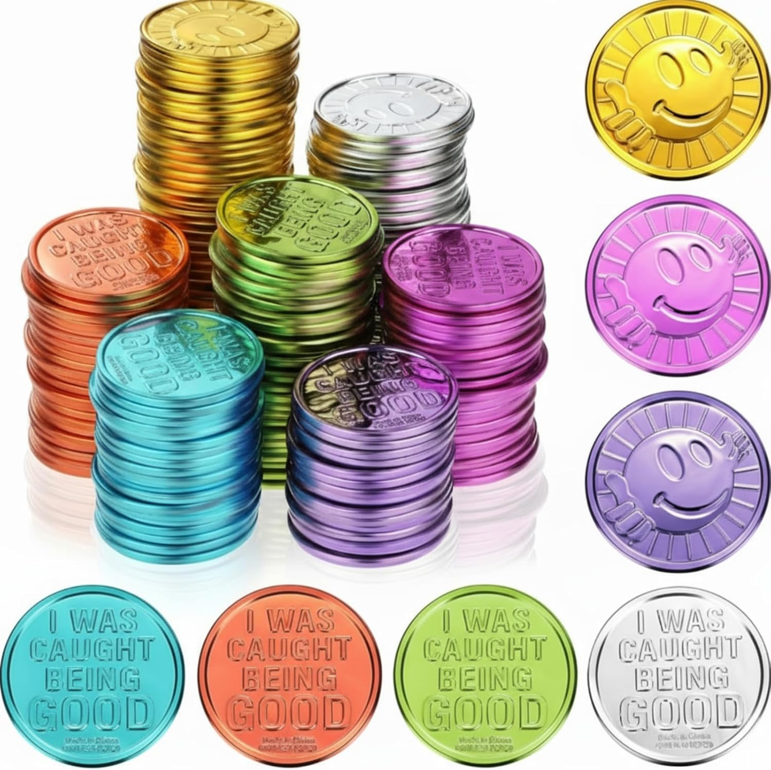 100 Pieces Plastic Coins I Was Caught Being Good Incentive Coins Colored Plastic Coins Tokens for Boys Girls Behavior Smile Face Coin Pretend Play Coin for Counting Halloween Party Christmas Reward image number 5
