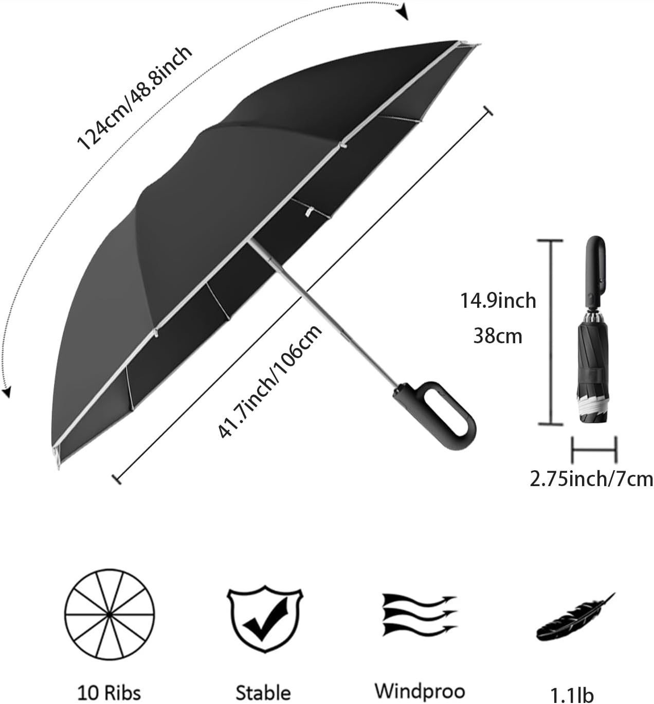 Inverted Reverse Golf Umbrella 10 Ribs Travel Folding Lightweight Compact Portable Backpack Outdoor,Automatic Open/Close,Sun/Rain,Anti 99 UV Protection UPF 50, Men Women Carabiner Handle Design image number 6