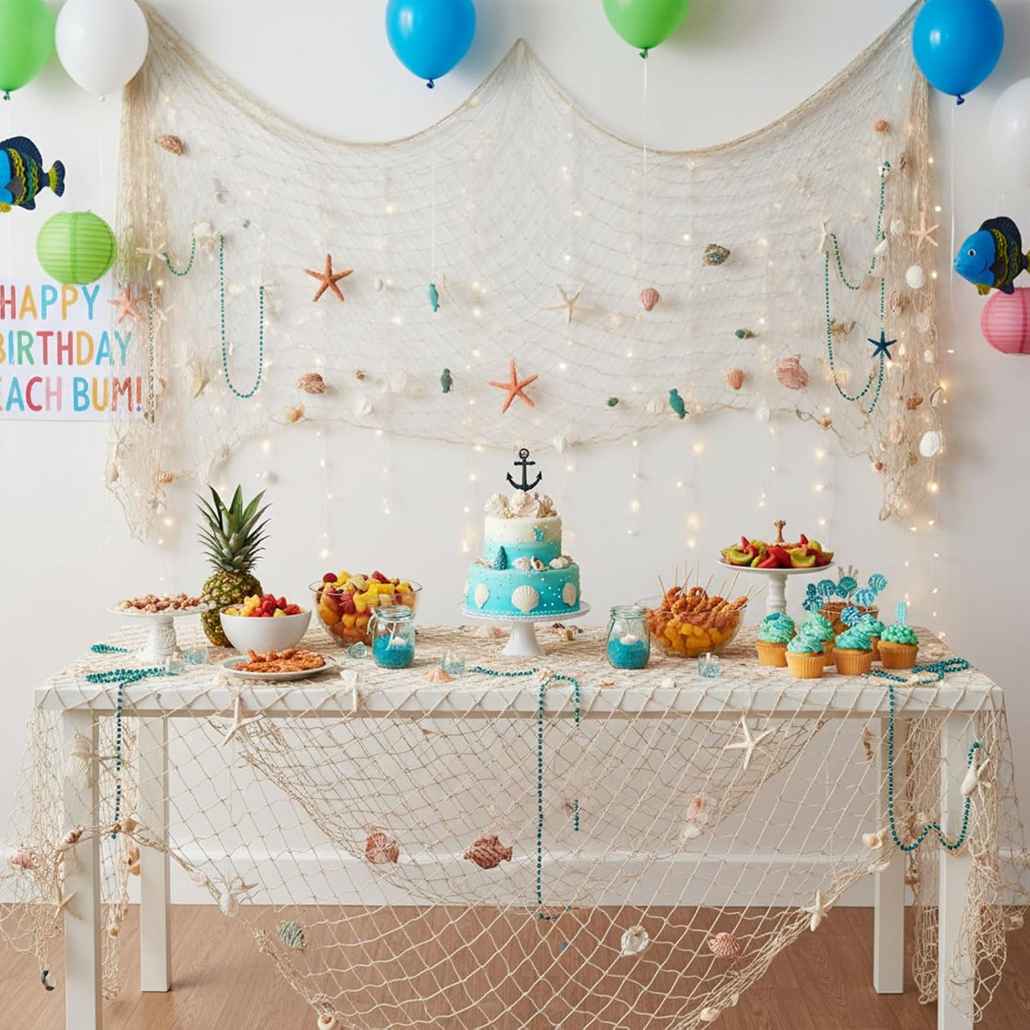 Fish Net Decorations 2 Pack, Natural Cotton Fishing Nets for under the Sea Party Decorations, Ideal for Beach Room Decor & Coastal Decor, Nautical Pirate Halloween Decoration by Ruibex image number 1