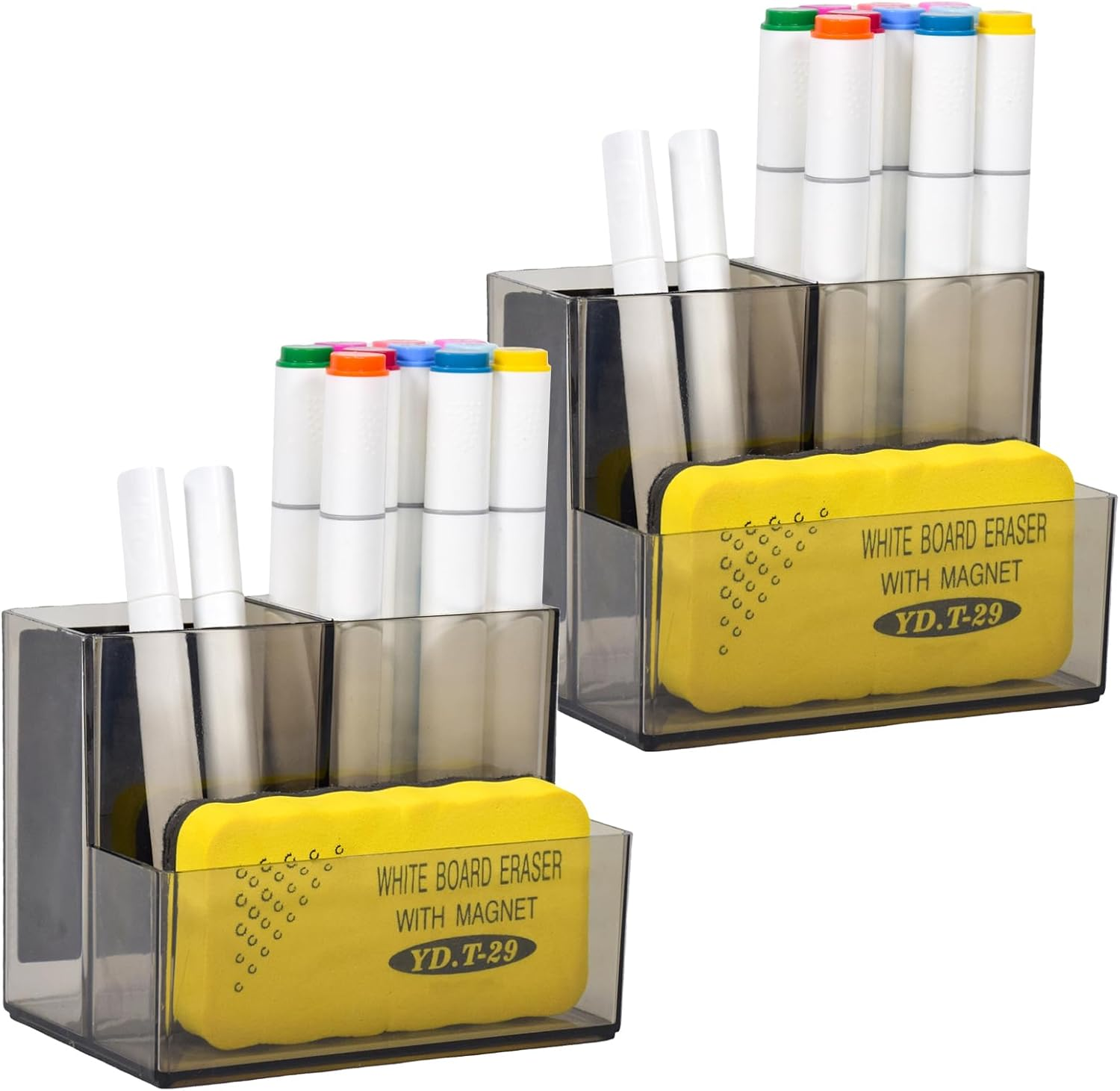 SAYEEC 2 Pack Acrylic Pen Holder Magnetic Dry Erase Marker Holder with 4 Magnet Sheets 3 Compartments Clear Desk Makeup Brush Organizer Pencil Cup Caddy for Fridge Whiteboard Cosmetic Office School