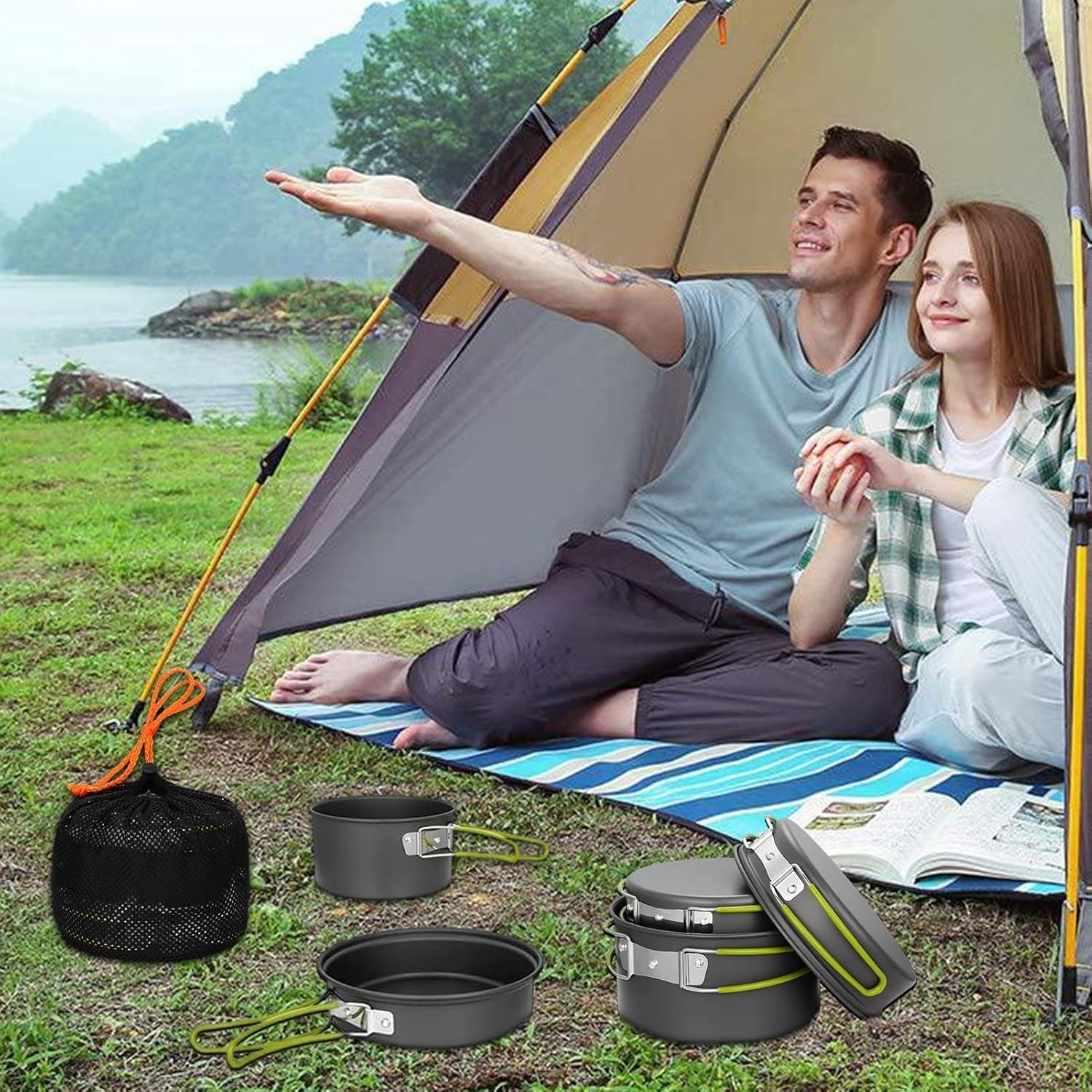 Outdoor Camping Pot Set - Camping Cookware Kit | Backpacking Cooking Pot and Pan | 10 Piece Set Outdoor Pots Pans, Camping Cookware Picnic Cooking Set for Backpacking Gear & Hiking Outdoors image number 2