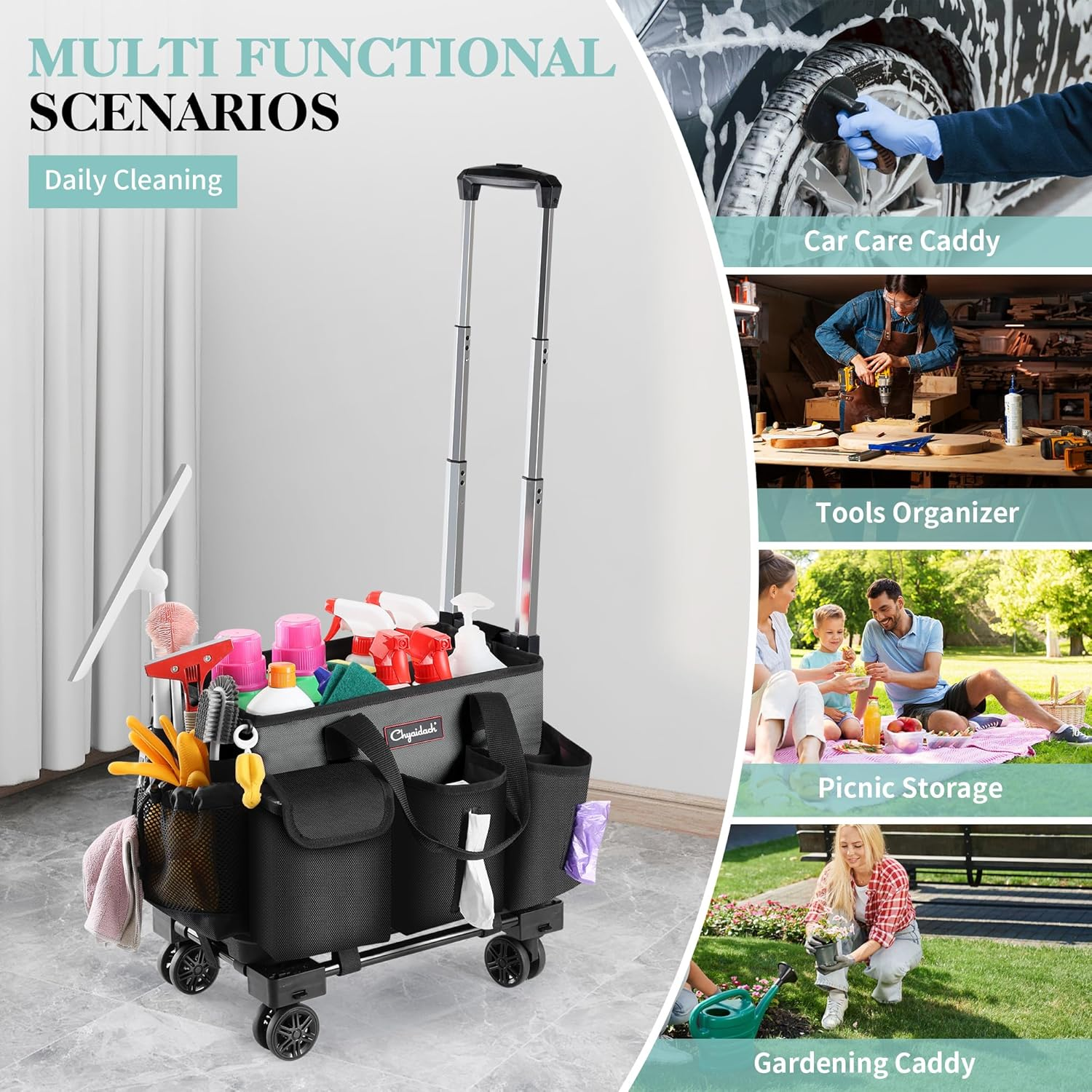 Chyaidach Rolling Cleaning Caddy, Cleaning Supplies Organizer with Trolley, Wearable Cleaning Tote Bag on Wheels with Hard Bottom, Cleaning Carts for Housekeepers/Home/Car/Office/Picnic (Grey) image number 5