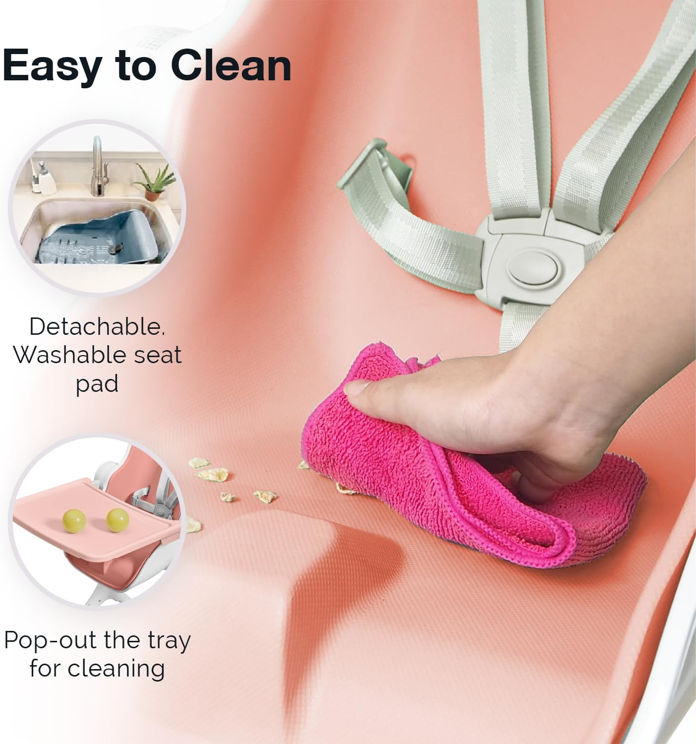 Oribel Cocoon Z High Chair & Baby Lounger | Perfect High Chair for Toddlers/Newborns | Glides Easily on All Surfaces | Secure Locks | Convertible Chair for Feeding (Cotton Candy Pink) image number 4