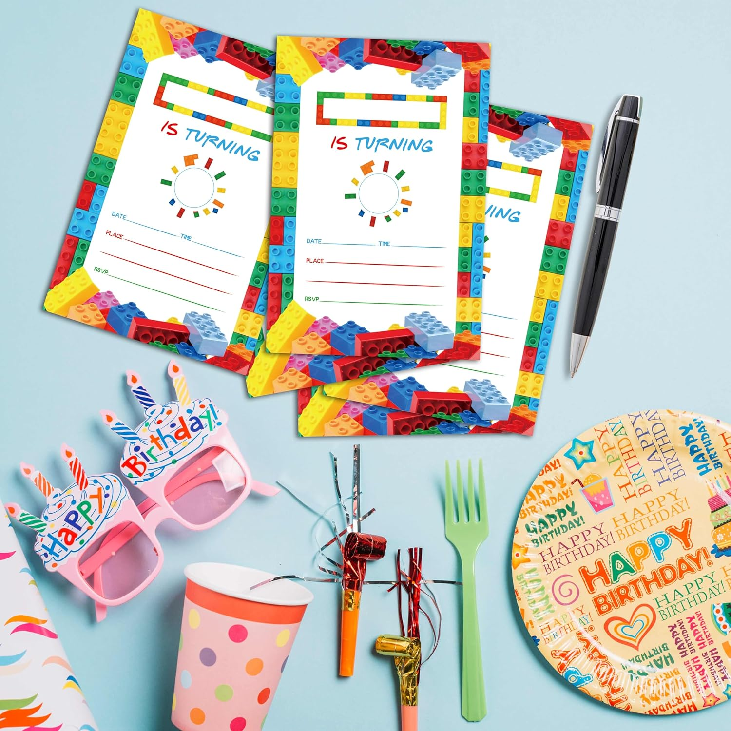 Birthday Invitations - Building Blocks Birthday Invites with Envelopes(25-Count) - Stacking Block Bricks Fill-In Party Invite Cards for Boys Girls Party Supplies Favors - A19 image number 1