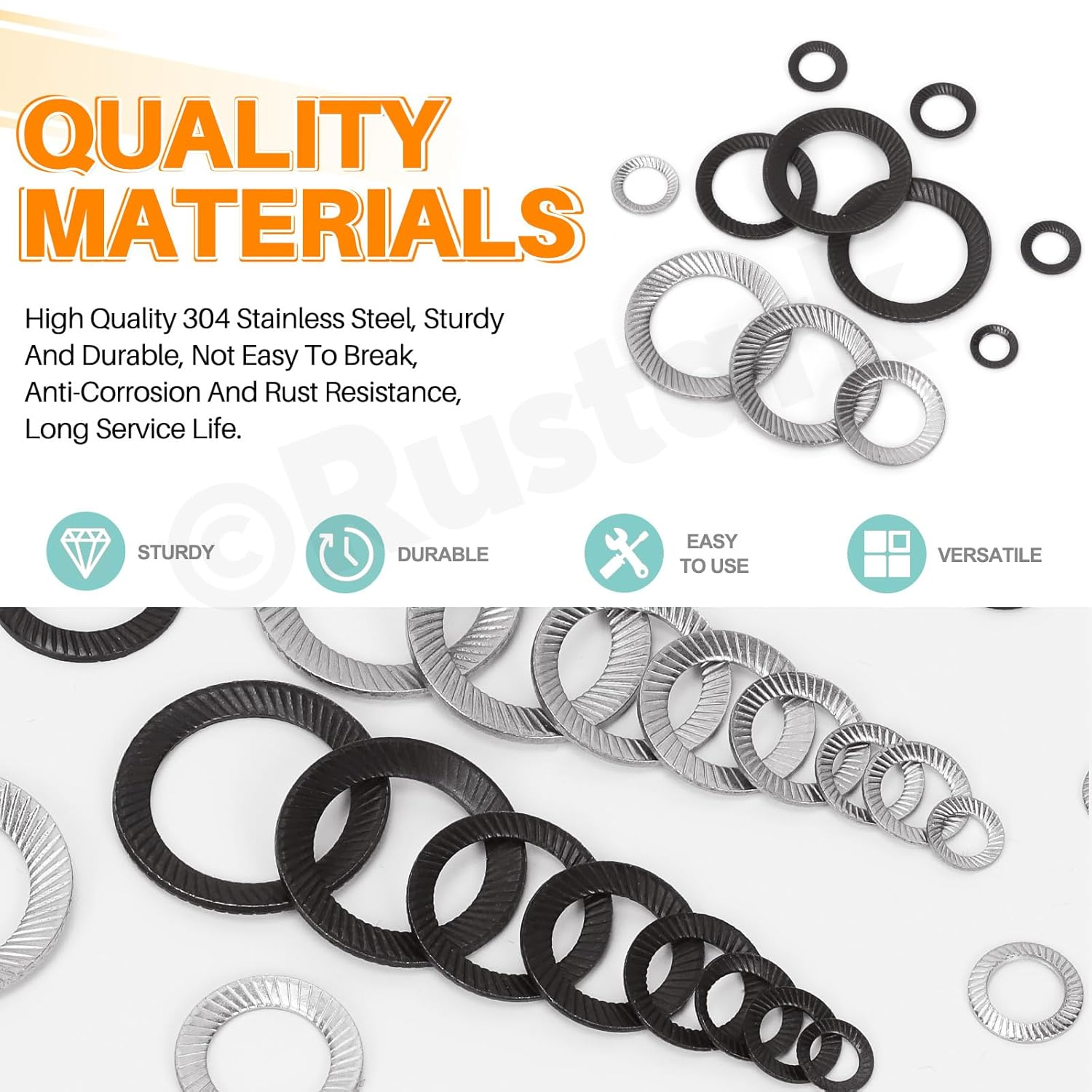Rustark 160Pcs 9 Sizes 304 Stainless Steel Double Side Lock Washers Silver Tooth Lock Washer Metric Wedge Lock Washer Vibration Resistant Safety Washers for Construction Railway image number 4