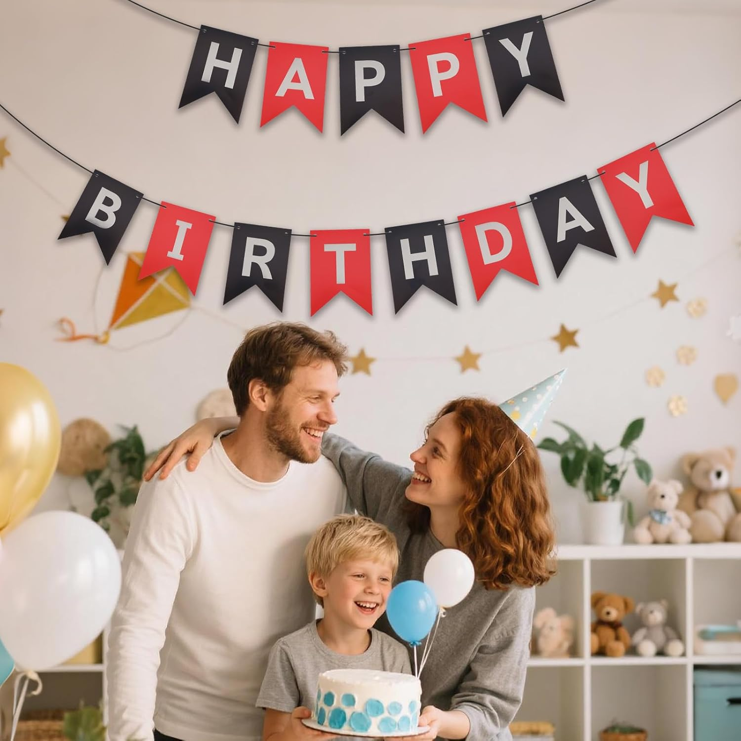 Gosknor Happy Birthday Banner Sign, Red and Black Birthday Decorations Silver Hot Stamping Fishtail Flag Party Decorations Photo Backdrop Party Supplies for Boys Girls Men Women image number 1