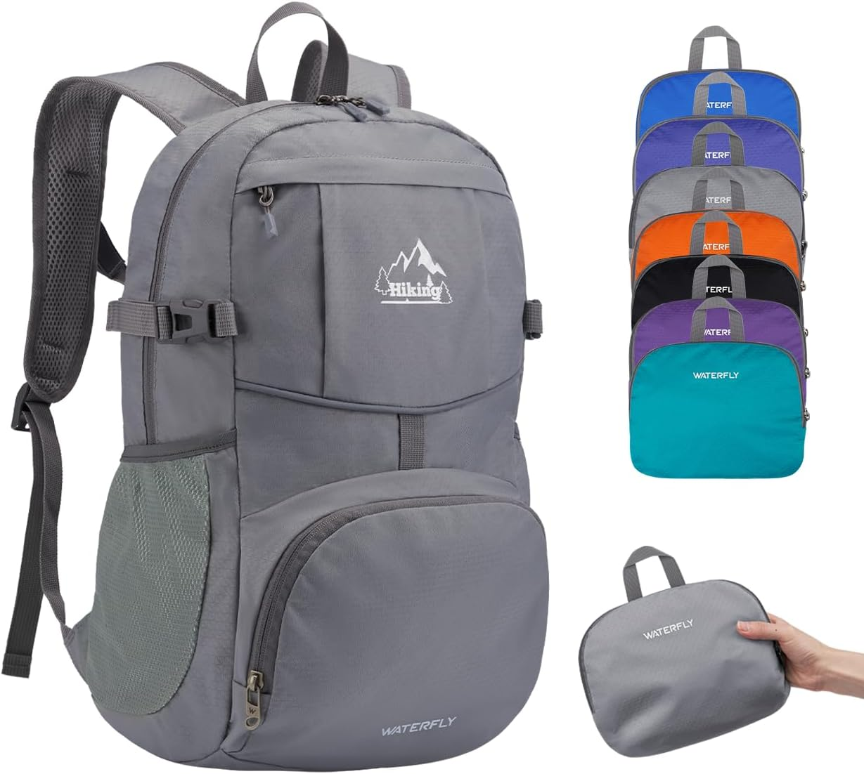 WATERFLY Hiking Foldable Daypack Backpack: 25L Ultra Lightweight Waterproof Day Pack for Woman Man - Small Compact Packable Folding Back Pack for Outdoor Sport Cycling Biking Travel Trip