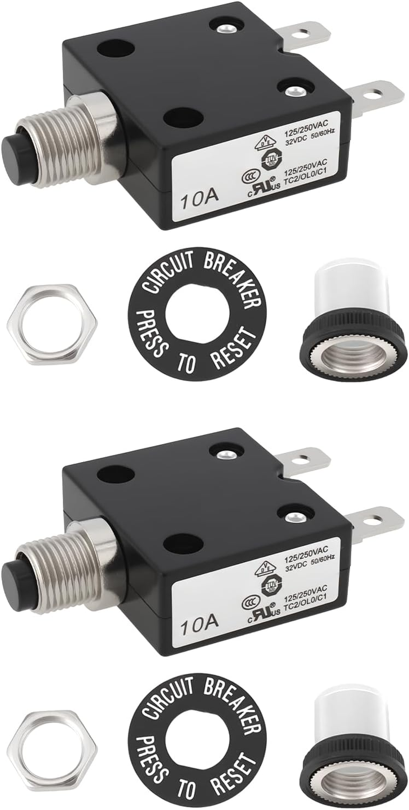 Ecsing 2X Push Button Circuit Breaker with Button Caps Manual Reset Switch, 125-250V AC / 50V DC Overload Protector, 10A