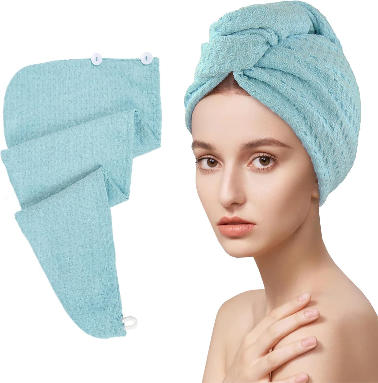 Microfiber Hair Drying Towel with Button 1Pack Khaki Waffle Long Hair Head Wraps Twist Plopping Curly Shower Turban Terry Cloth Fast Absorbent Dry anti Frizz Hair Wraps for Women Wet Hair