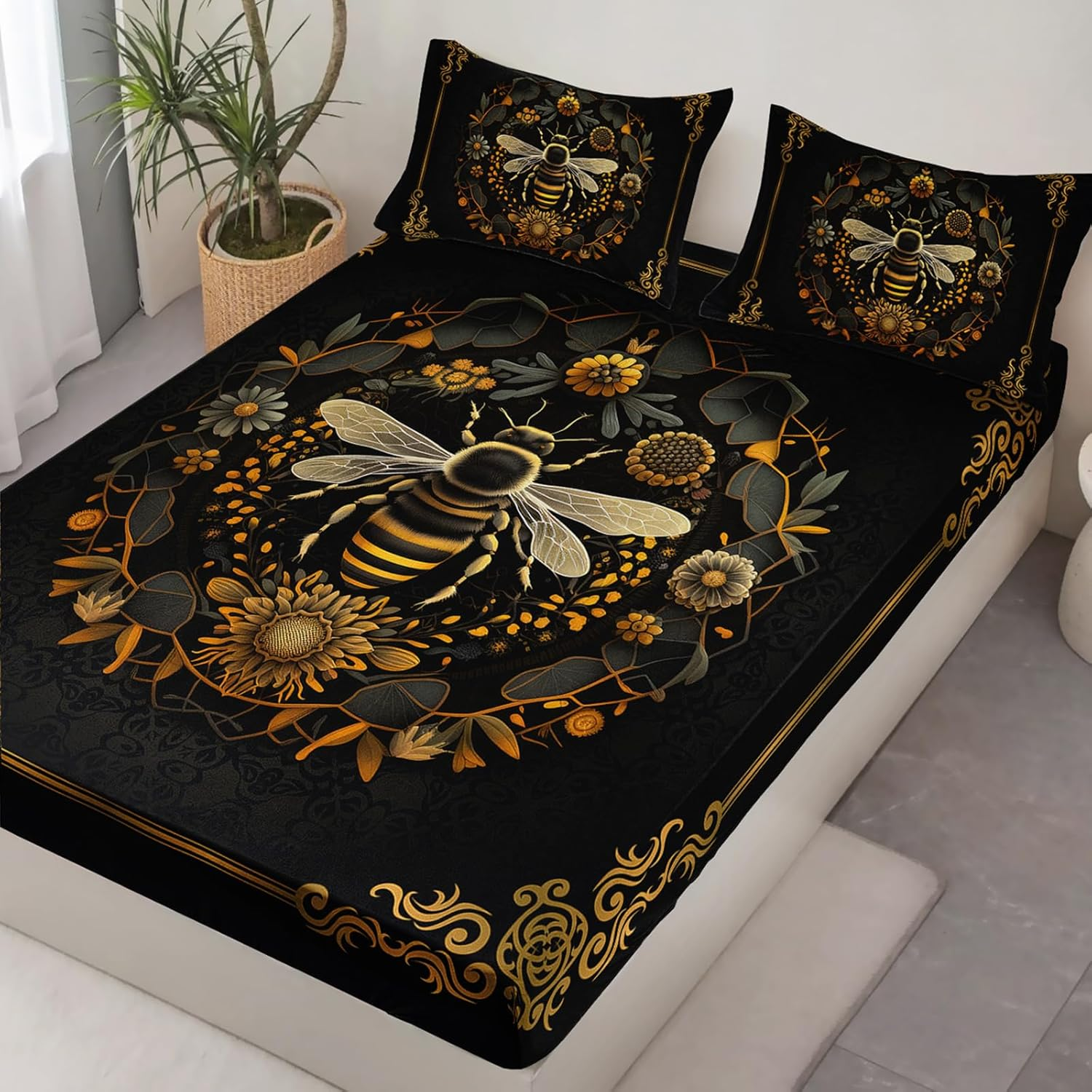 AILONEN Bohemian Bee Fitted Sheet Set Full Size,Black and Gold Luxury Bedding Set for Kids Teens Girls,3-Piece Boho Sunflower Floral Bed Sheet with 2 Pillowcases image number 5