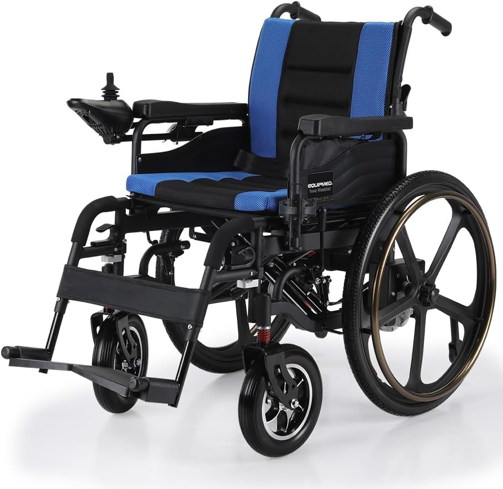 "Equipmed Electric Wheelchair Folding, Long Range, Airline Approved, Lithium Battery, 24"" Light Rear Wheels, Matte Black/Blue" image number 2
