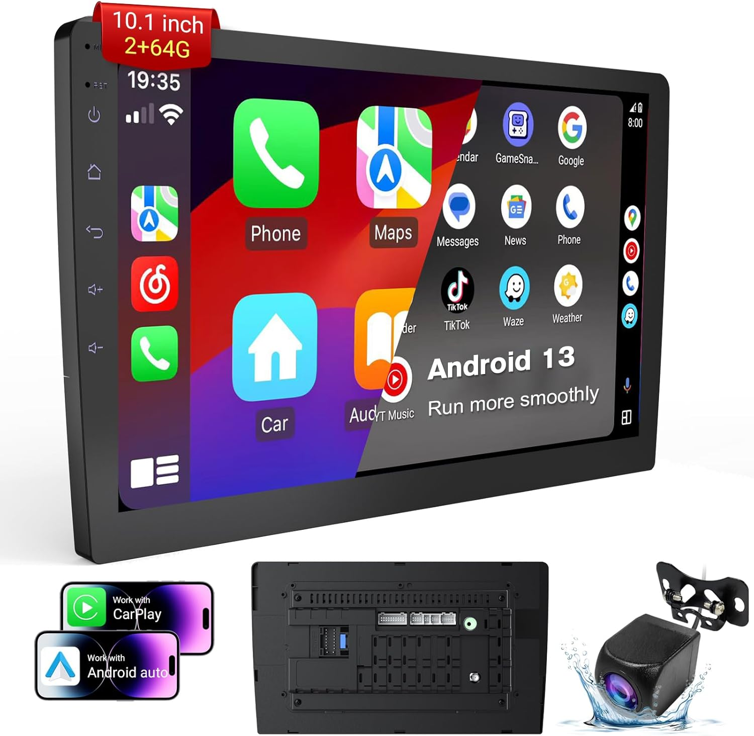 Haudio 10-Inch Android Universal Double Din Car Stereo - Carplay & Android Auto, GPS Navigation, 2GB+64GB, FM Radio, HD Display, Mirror Link, Bluetooth, AHD Backup Camera