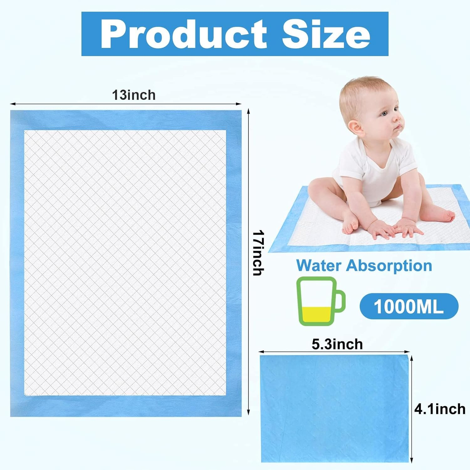 100 Pack Disposable Changing Pads, Disposable Bed Pads,Waterproof Diaper Changing Pad,Leak-Proof Underpads,Large Diaper Pad Changing Mat Disposable Baby Underpads,Ultra Absorbent,17 X 13 Inch image number 2