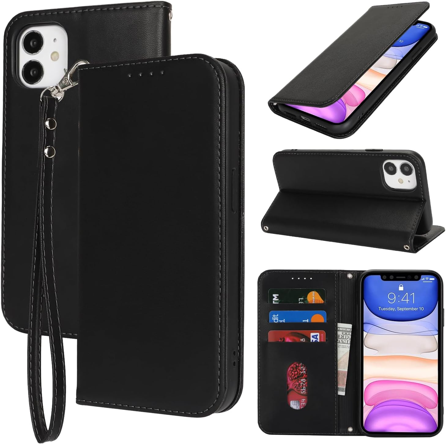For Iphone 11 Case Leather Wallet Magnetic Flip Cover with Wrist Strap Card Holders Sunyoo Case Women Men RFID Blocking Porte Feuille Portefeuille Coque &Eacute;tui for Iphone11 Pour Femmes Homme Black image number 4
