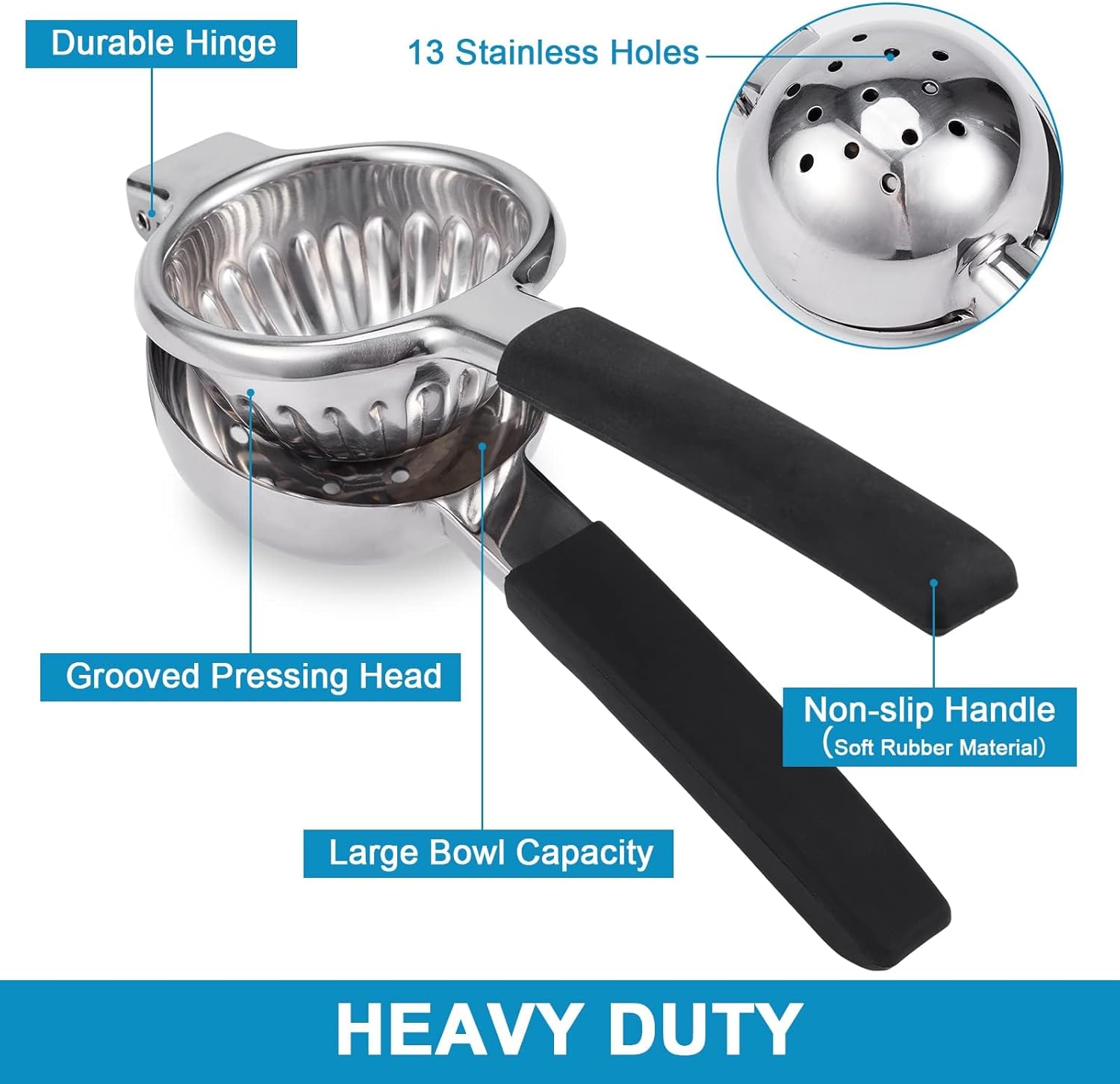 Extra Large Lemon Squeezer Stainless Steel - Easy Squeeze Heavy Duty Manual Lemon Juicer with Non-Slip Silicone Handle - Ergonomic Citrus Squeezer & Fruit Juicer for Small Oranges, Limes image number 2