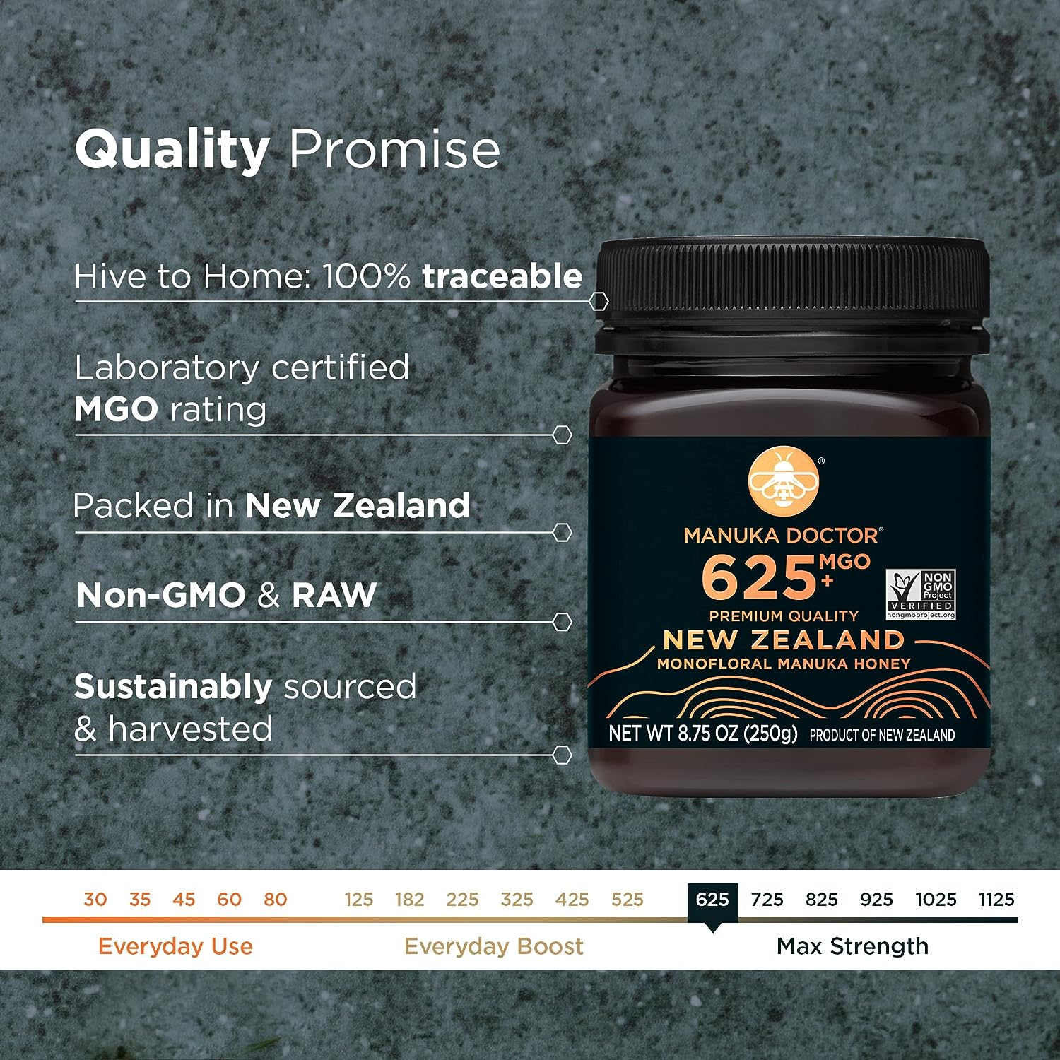 MANUKA DOCTOR - MGO 625+ Manuka Honey Monofloral, 100% Pure New Zealand Honey. Certified. Guaranteed. RAW. Non-Gmo (250G)