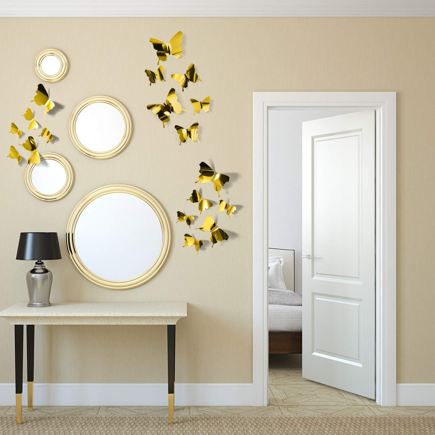 BBTO 48 Pieces Butterfly Wall Decor DIY Mirror 3D Butterfly Stickers Removable Decals for Home Bedroom School Bathroom Living Room Decor(Gold)