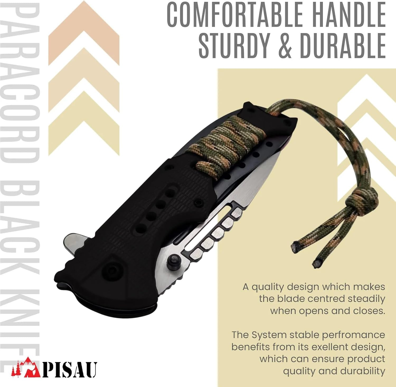 PISAU Stainless Steel Camping Folding Knife with Sheath and Paracord (Black)