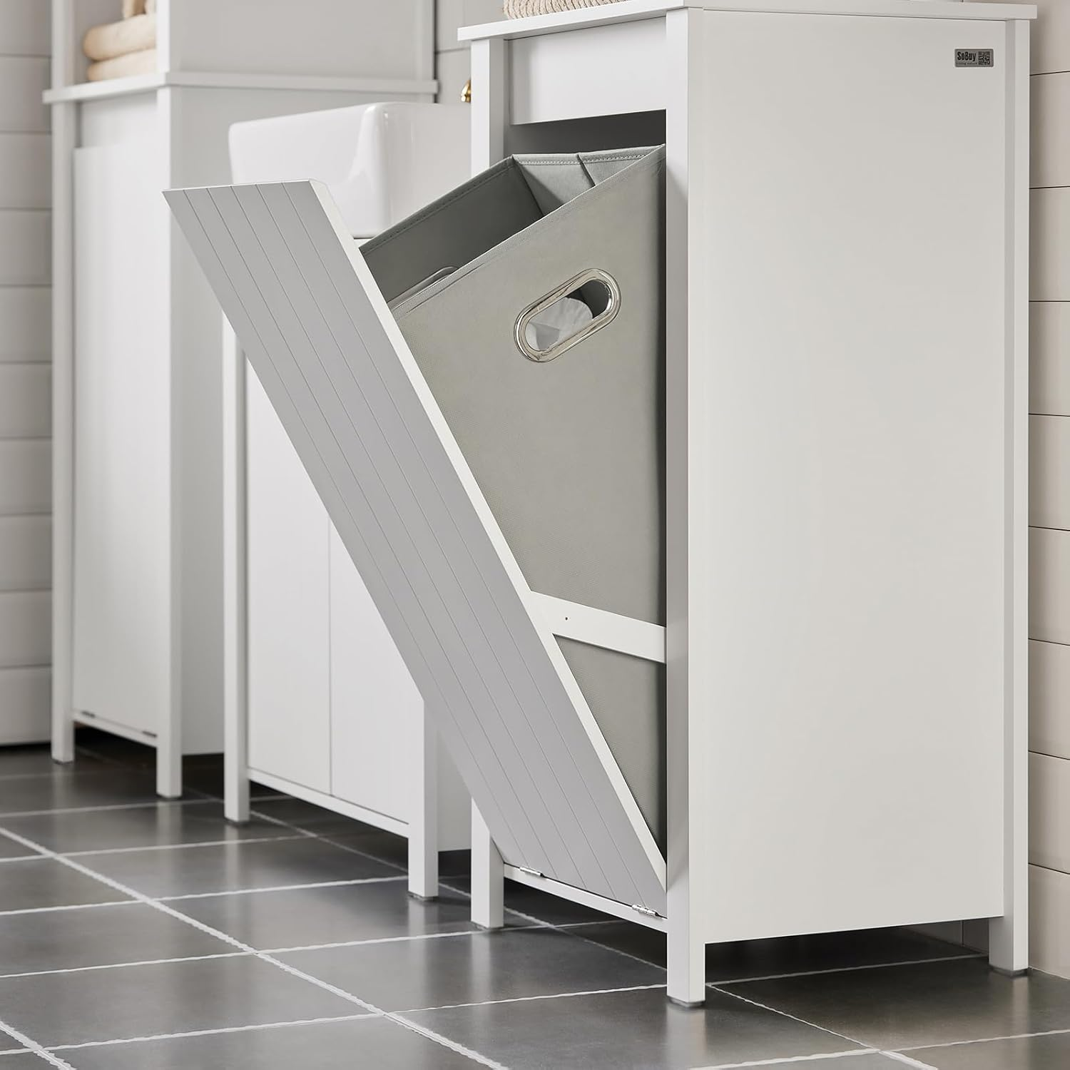Sobuy Bathroom Cabinet Laundry Cupboard Cabinet Chest Tilt Out Laundry Hamper Bathroom Storage Cabinet with Removable Laundry Basket BZR100-W image number 3