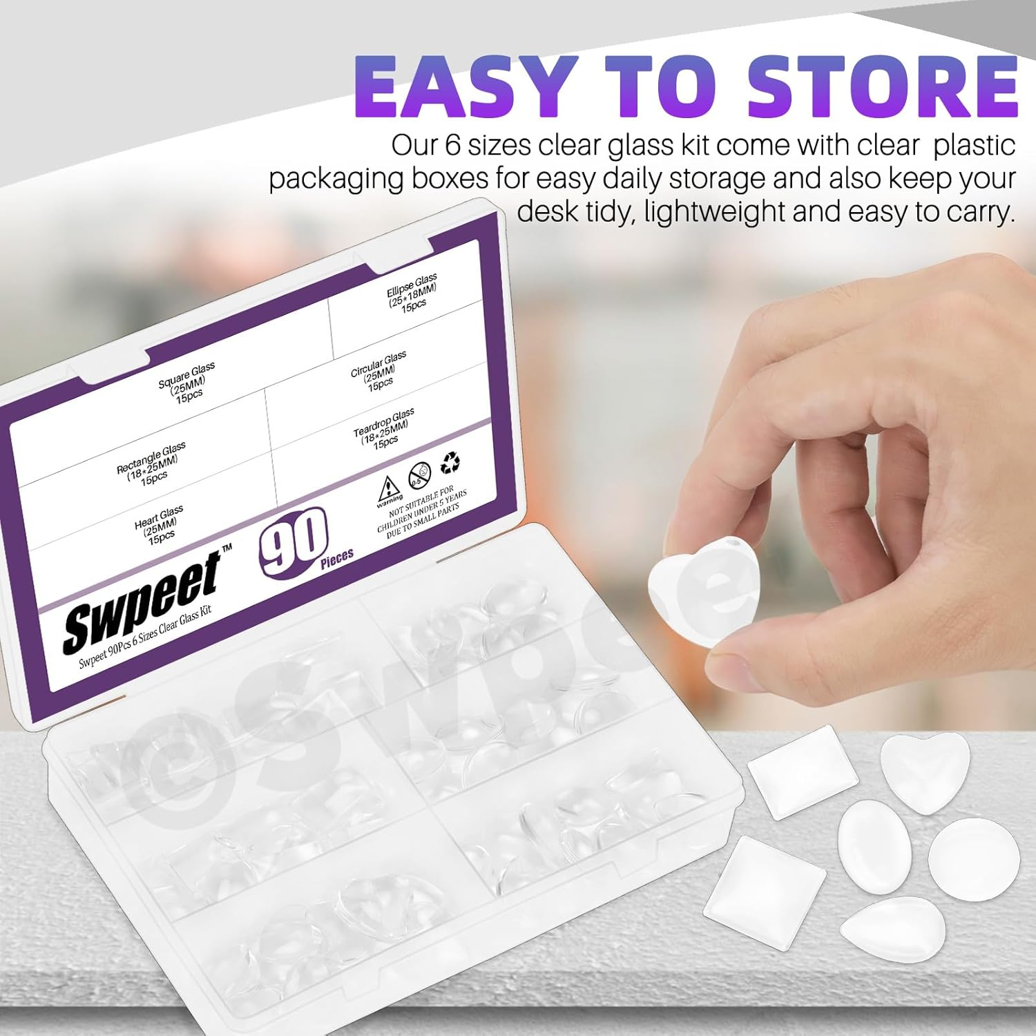 Swpeet 90Pcs 25Mm 6 Styles Round/Square/Rectangle/Heart/Oval/Teardrop Transparent Glass Dome Cabochons Tiles Assortment Kit, Clear Glass Cabochons Tiles for Photo Pendant Necklace Jewelry Making Craft image number 6