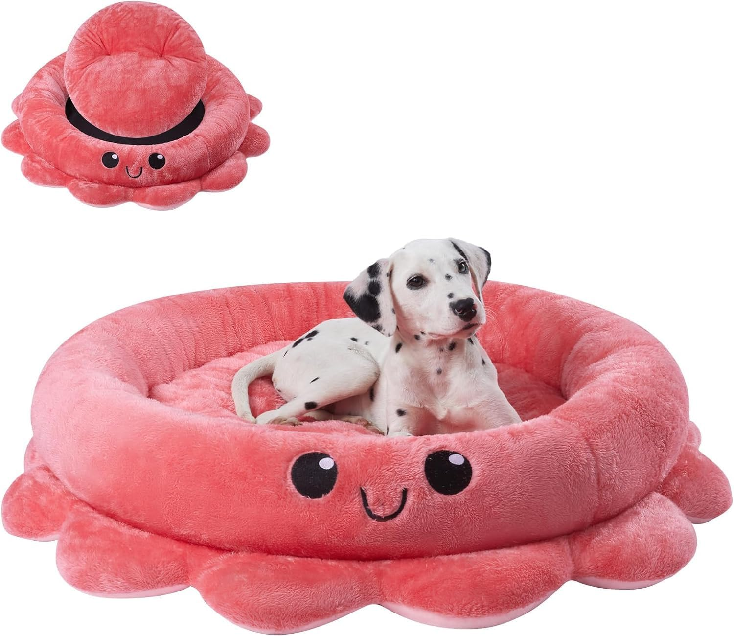 Jiupety Cute Calming Dog Beds Clearance for Large Dogs, Anxiety Bolster Dog Bed with Octopus Shape, Pink, Red, Boho, round Pet Bed Cat with Removable Cushion