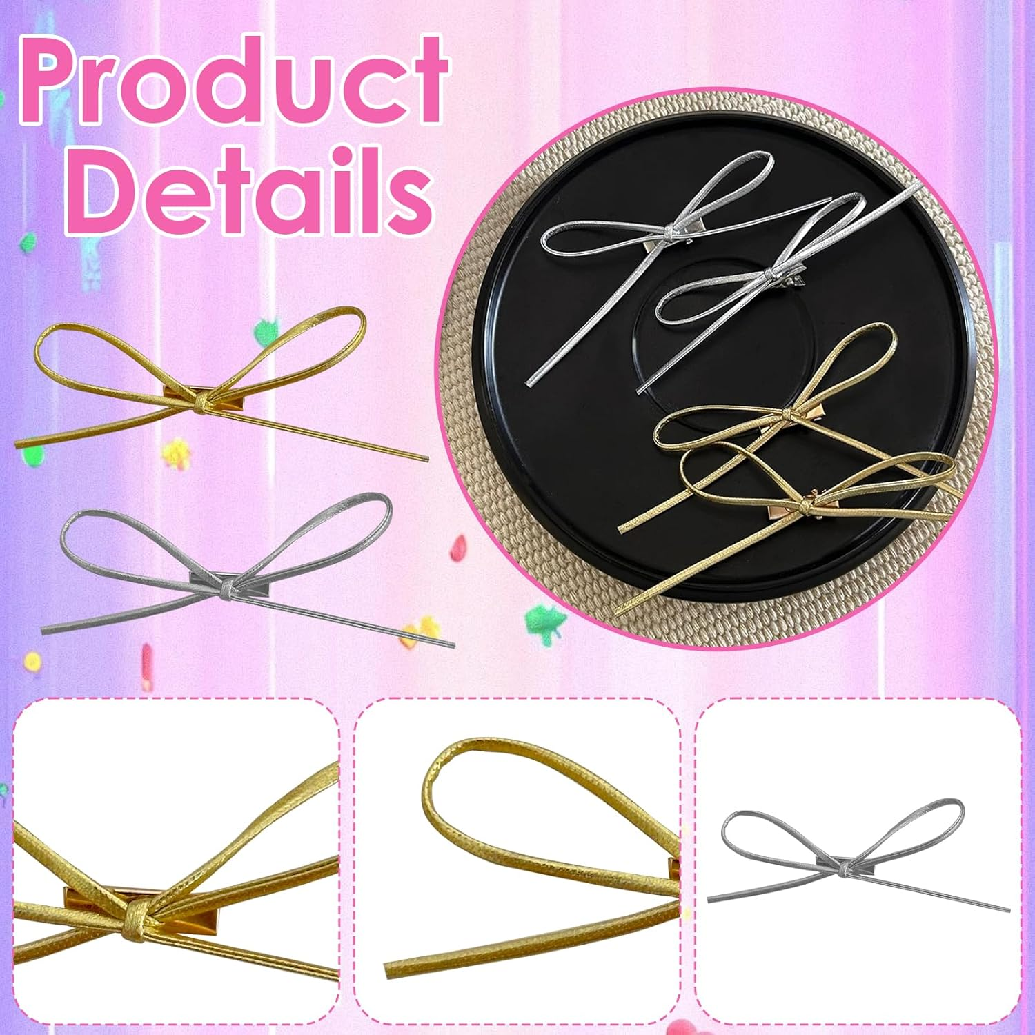 ASOMI Set of 4 Simple Fashionable Hair Pins with Leather Bow, Vintage Y2K Style, Charming Hair Accessories Set for Women and Girls (Gold, Silver) image number 5