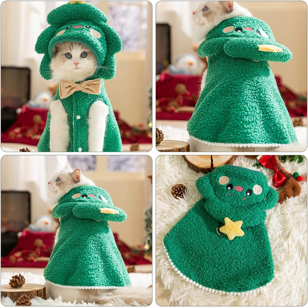 PLUSHCEWT Pet Christmas Costume Cat Christmas Outfit Cute Green Christmas Tree Dog Cape Xmas Costumes Christmas Pet Clothes Suitable for Small Medium Dogs Cats and Kittens image number 2