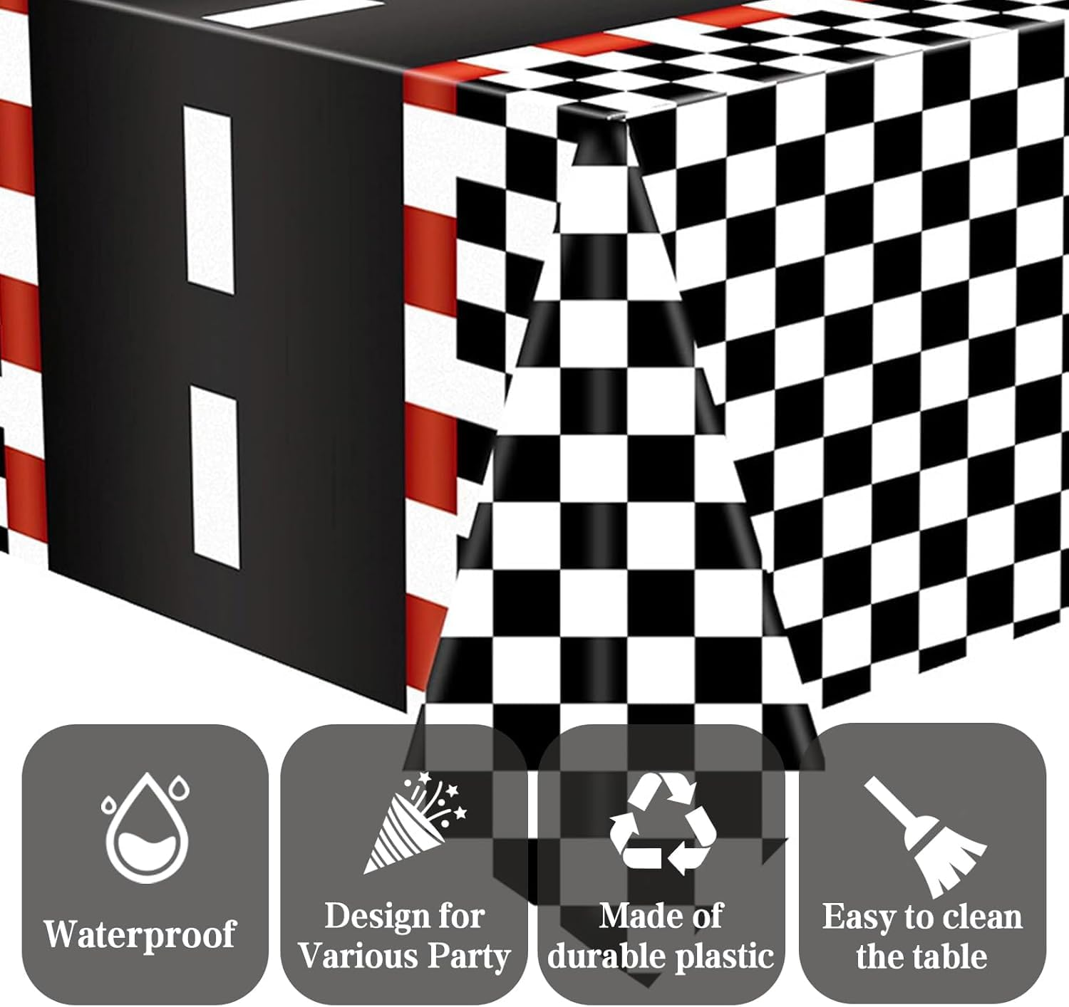 OQOQ Checkered Racing Track Tablecloth(3 Pack,Black White Checkered) - 54X108 Inches Cars Birthday Decorations Table Cloth Race Theme Party Disposable Plastic Table Cover Party Supplies image number 3