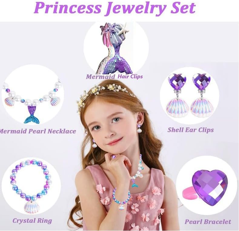 Mermaid Jewelry Set for Girls - 7Pcs Costume Dress up Accessory with Shell Necklace, Bracelet, Earrings, Ring, Hair Clips - Birthday Party Decoration Gift Cosplay image number 2