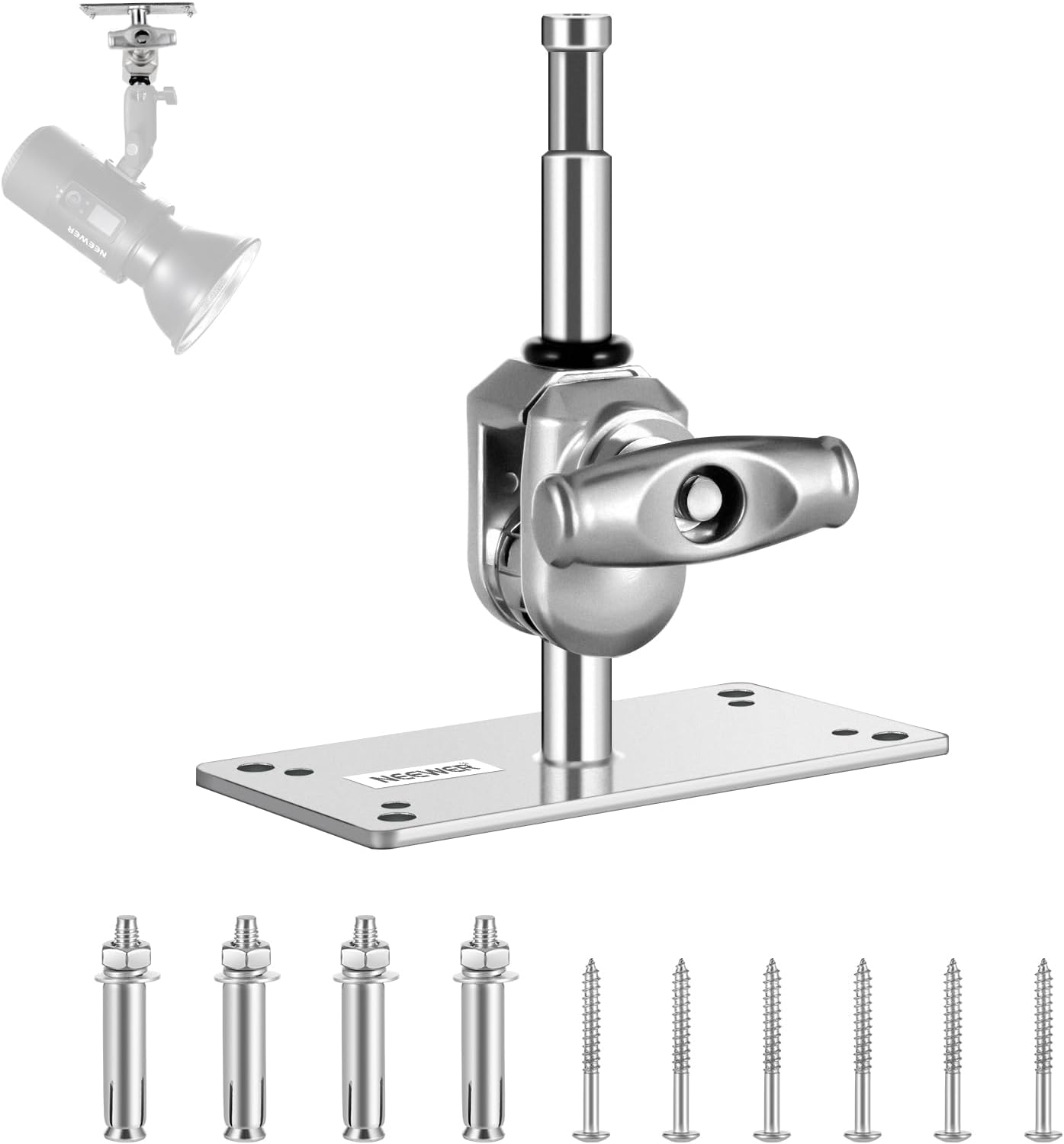 NEEWER 6.5 Inch Wall Ceiling Mount Baby Pin 5/8" Stud with 360&deg; Swivel Ball Head & 10 Screws, Photography Photo Studio Wall Mount for Ring Light,Video Light,Strobe Flash, Max Load 22Lb/10Kg, ST-WM2 image number 4