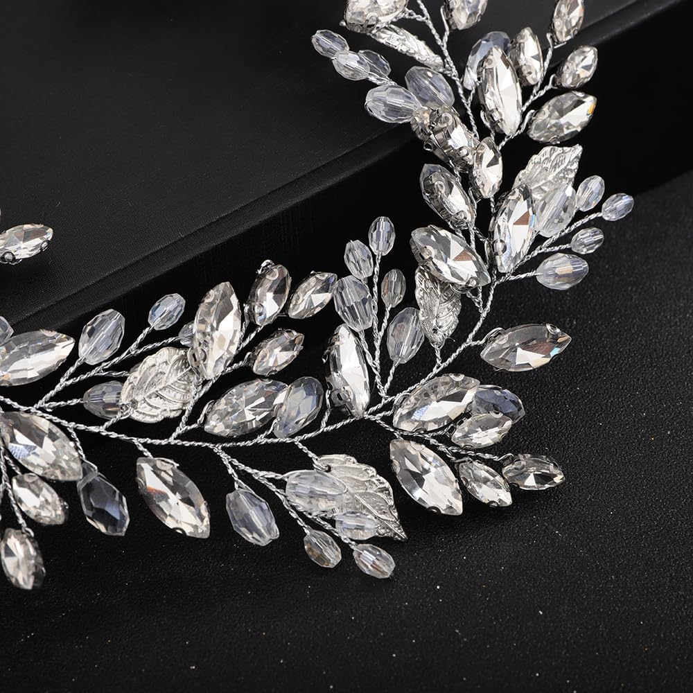 Teyglen Leaf Bride Wedding Hair Vine Bridal Crystal Headband Handmade Gold Leaf Crystal Beads Hair Piece Bohe Rhinestone Headpieces Wedding Hair Accessories for Women Girls, Alloy, Rhinestone, Leaf, - Gold-Green image number 6