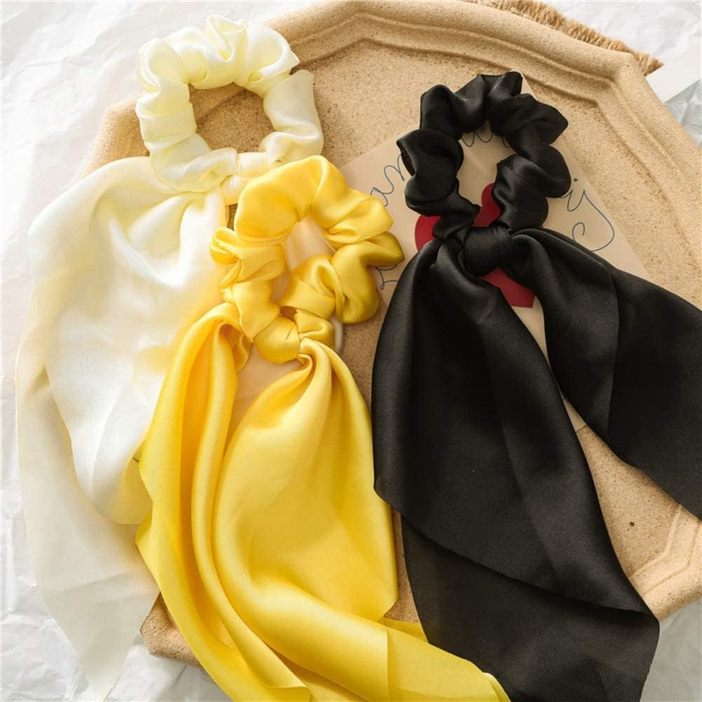 Yellow Women Girl Bow Satin Ribbon Ponytail Scarf Hair Tie Rope Scrunchies Elastic Band Hair Scrunchies Bands Hair Elastics and Ties Hair Accessories image number 5
