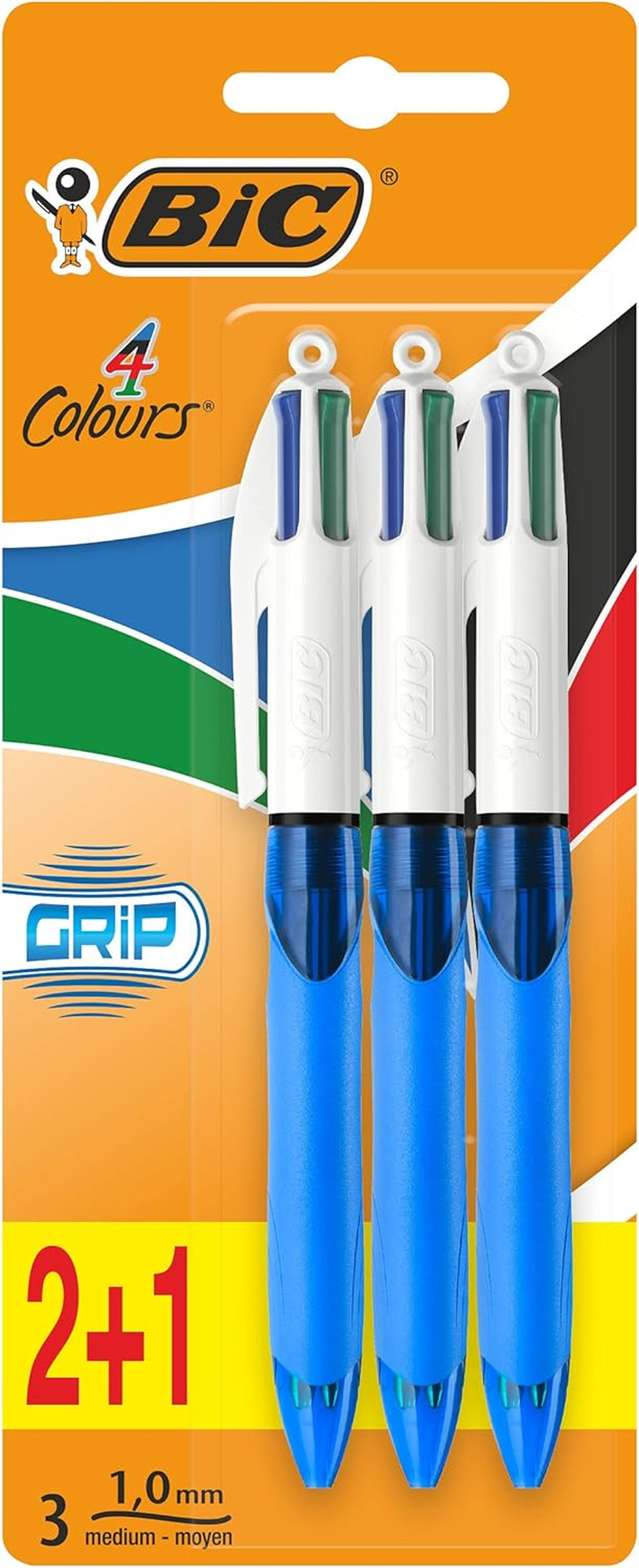 BIC 4 Colours Retractable Ballpoint Pens, Medium Point (1.0 Mm) Every-Day Writing Pens with Extra Comfort Grip, Blue, Pack of 3 image number 1