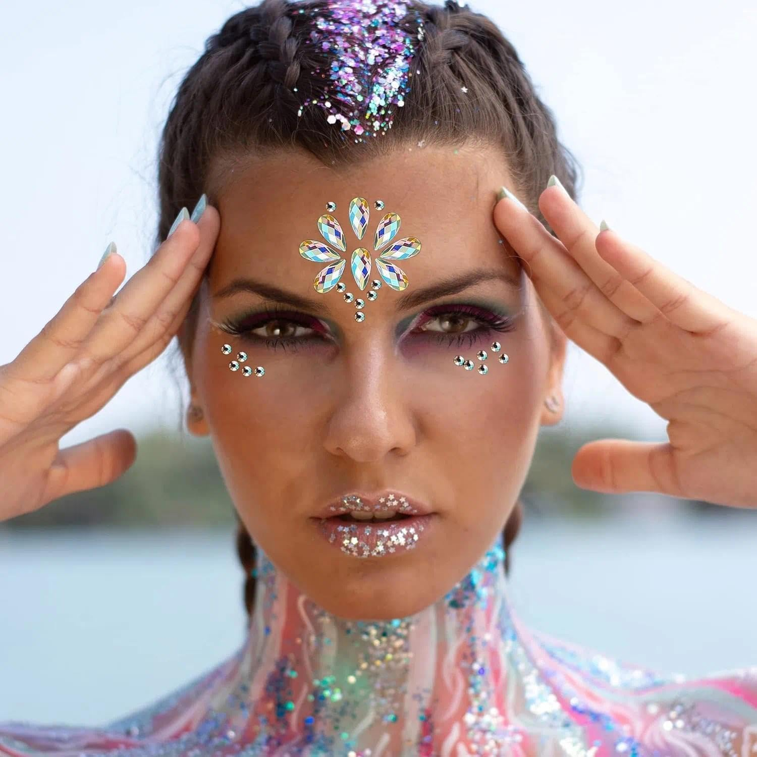 Self Adhesive Face Jewels and Rhinestone Stickers for Festival Makeup, Body Gems with Strong Glue - 12 Sheets Assorted Styles - Jotron image number 1